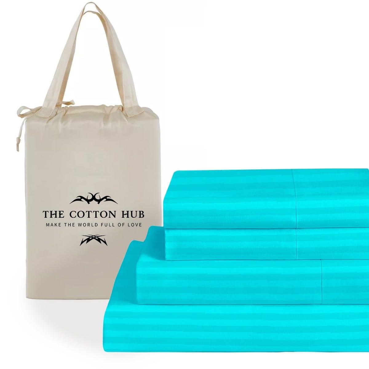 The Cotton Hub Grand King Size 4-Piece Sheet Set 600 Thread Count Peruvian Pima Cotton Bed Sheets fits up to 14-16 inch Deep Pocket (Stripe, Turquoise)