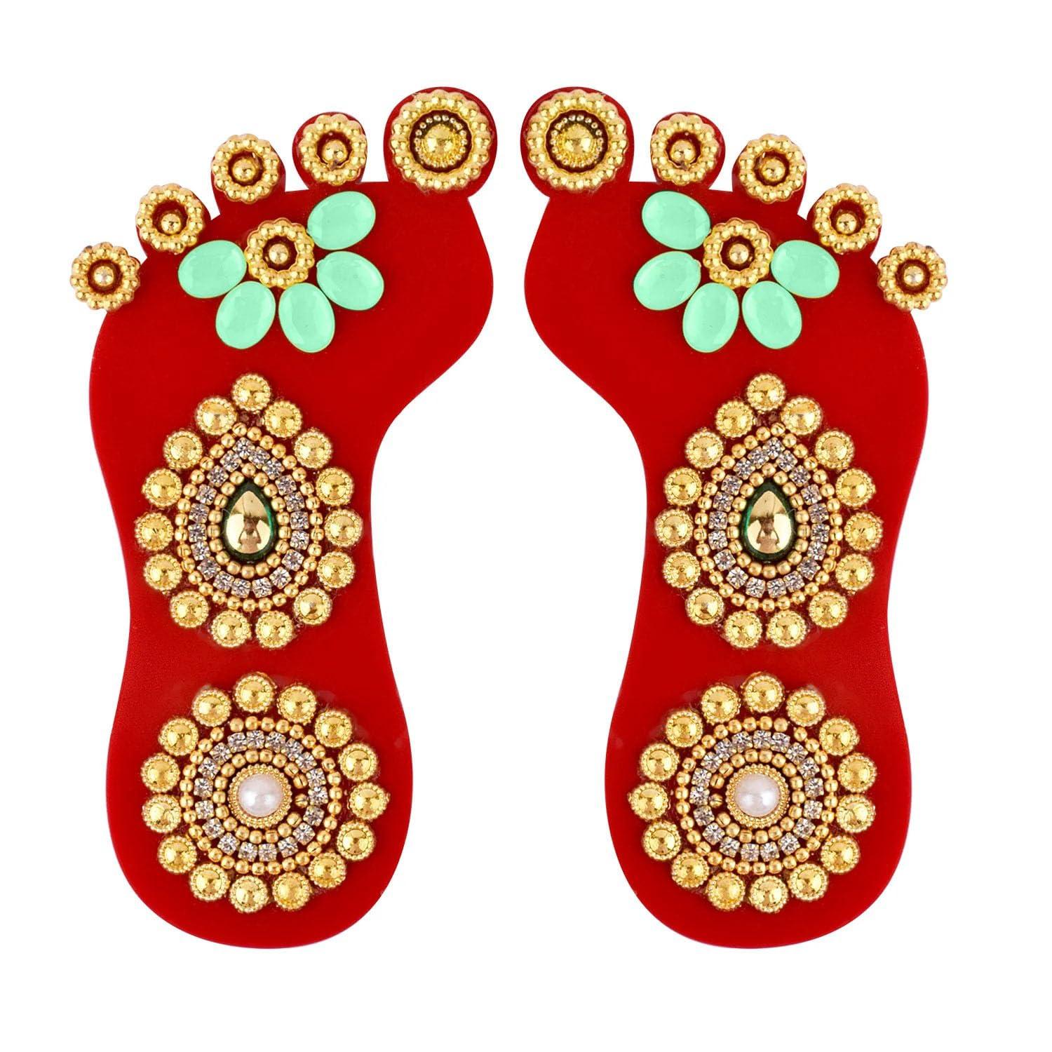 SATVIK STORE SATVIK 1 Pc Set of Acrylic Lakshmi Mata Charan Paduka Sticker Diwali Festival Decoration with Stone Moti Mandir Home Office Floor Festival Pujan Home Floor Kolam Shubh Labh Rangoli Stickers (DESIGN 1)