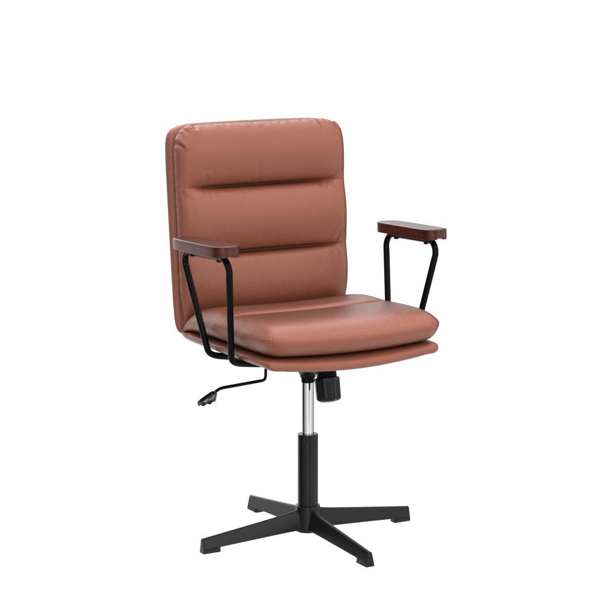 Okeysen Okeysen Office Desk Chair No Wheels, Swivel Chair with Retro Wooden Armrests, Criss Cross Legged Armless Computer Chair for Home Office, Mid Century Modern Adjustable Task Chair with Thick Cushion