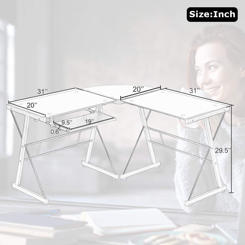 BestOffice L Shaped Computer Desk,Gaming Desk Home Office Corner Desk Toughened Glass Writing Study PC Modern Executive Table with Keyboard CPU Stand for Kids Student Women Men