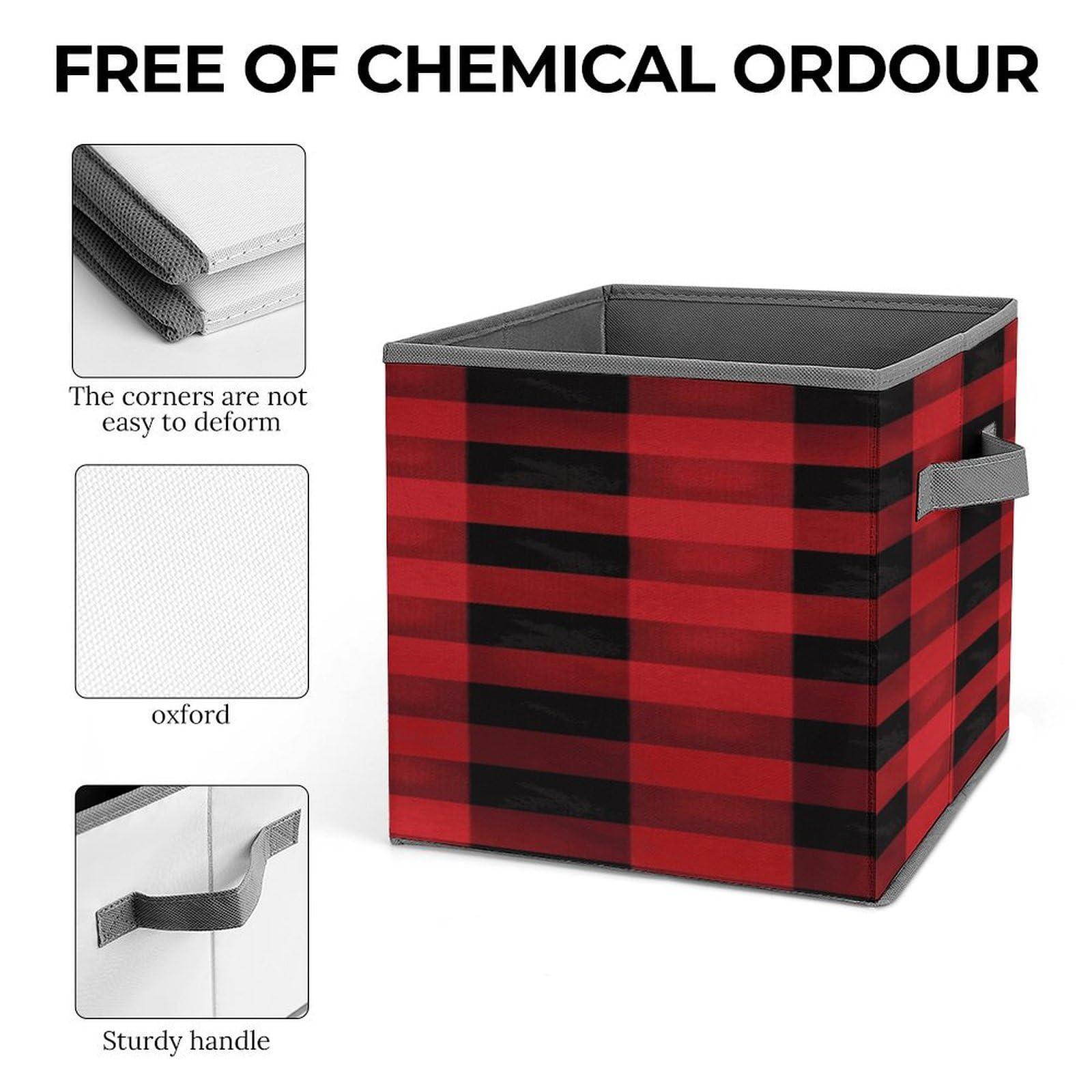 BFGWK Red Black Buffalo Check Plaid Pattern Printing Storage Basket Folding Storage Bins Fabric Cube Organizer With Handle For Closet Utility Room