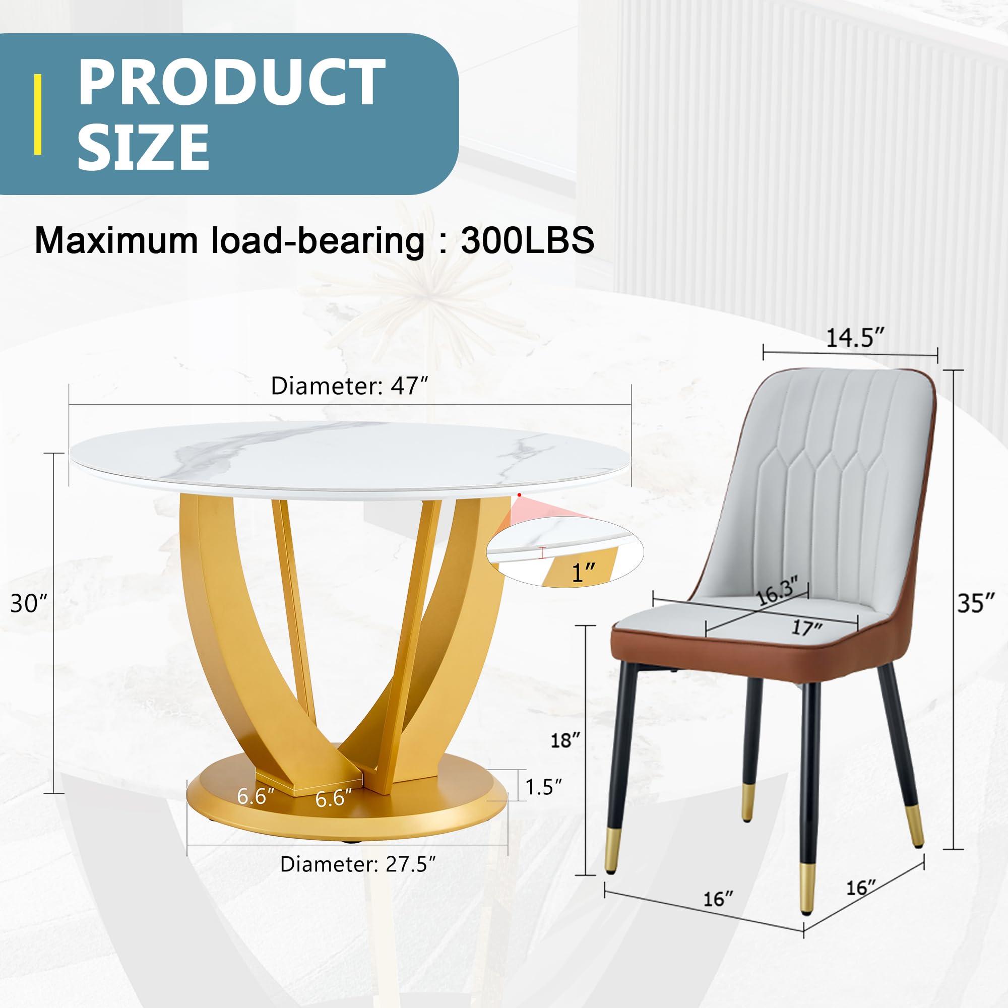 gopop gopop 48''Round Dining Table Set for 6, Gold Dining Table Set with Marble Pattern, 6 Dining Chairs Set with PU Seat, Round Kichen Table Set for Kichen Room, Living Room.