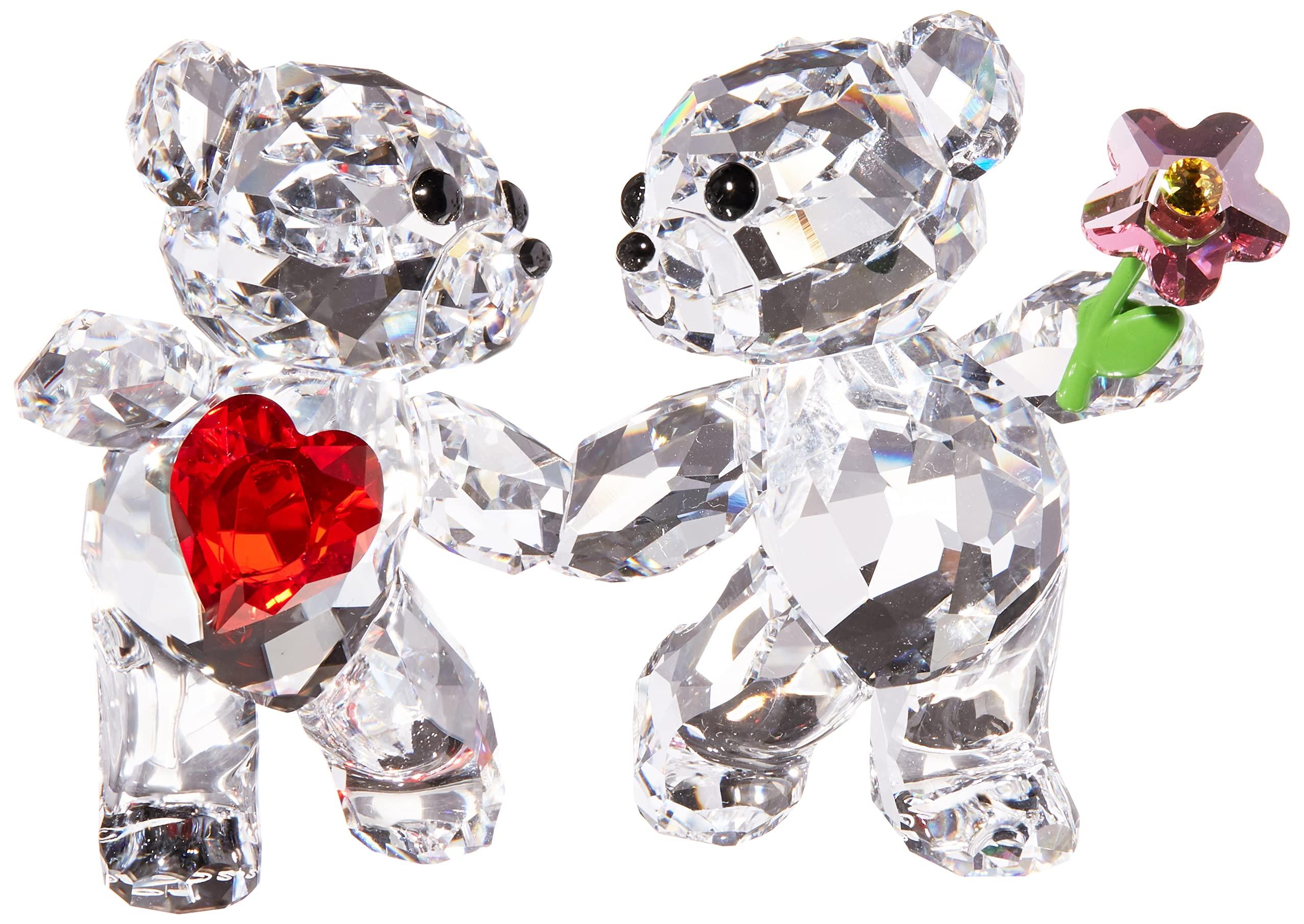 Swarovski SWAROVSKI Kris Bears Happy Together Figurine Set, Clear Swarovski Crystal with a Red Heart and Pink Flower Accent, Part of the Swarovski Kris Bears Collection