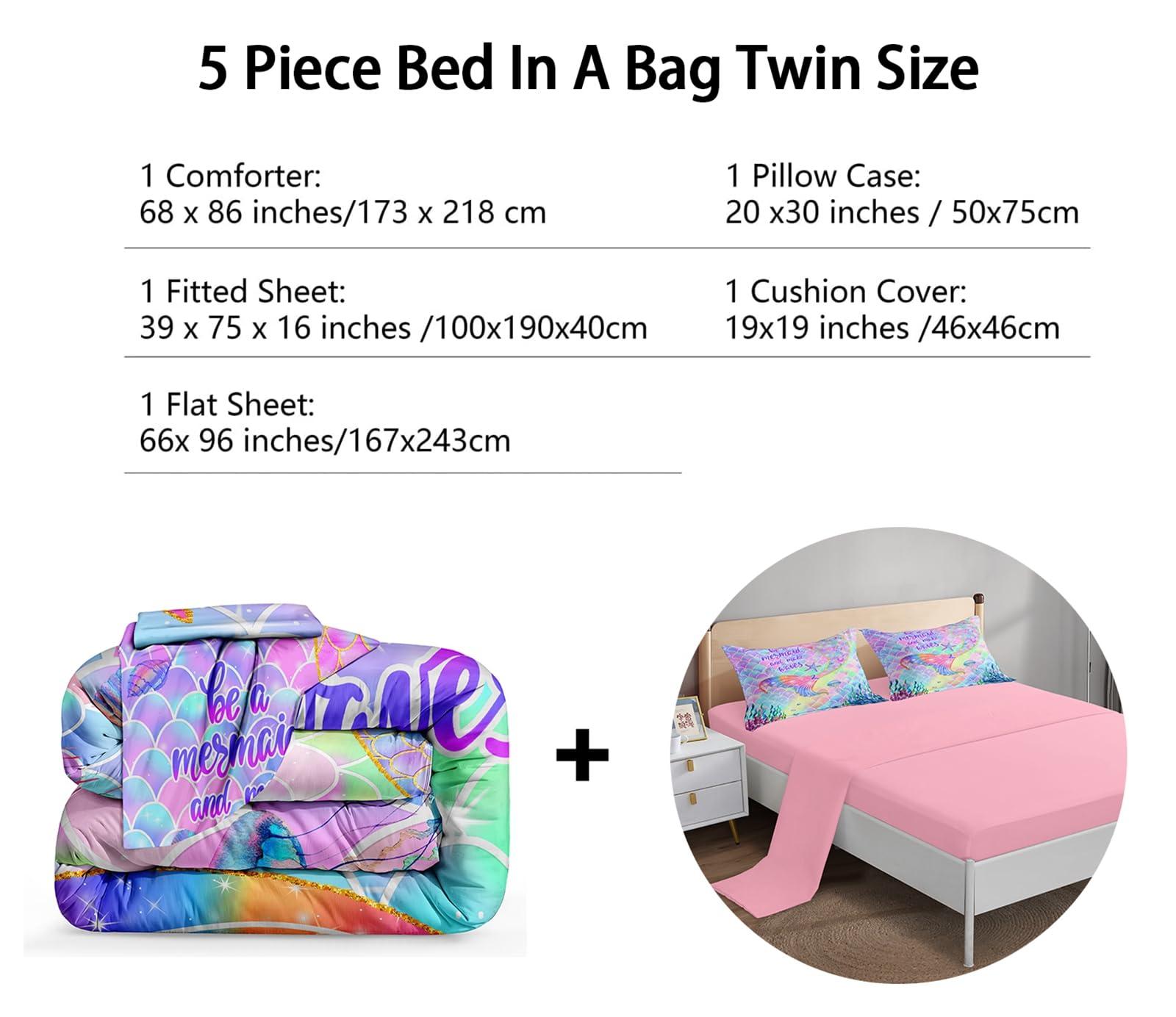 ROWADALO ROWADALO 5 Pieces Mermaid Scale Glitter Comforter Set Fish Scale Shell Starfish Girls Bedding Set,Gradient Rainbow Mermaid Tail Bed in A Bag Twin Size Complete Set for Girls Bedroom,MRY502-Twin