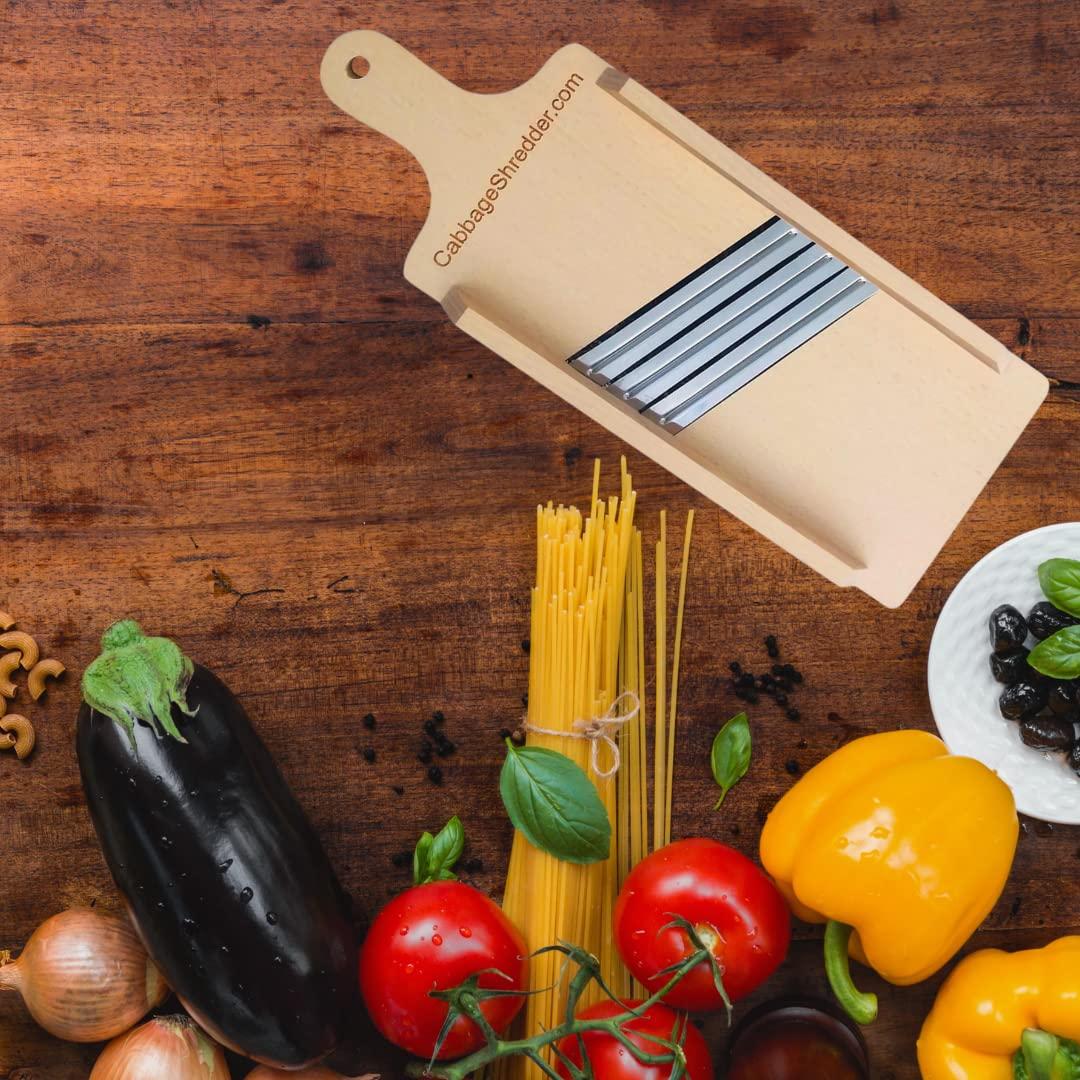 CabbageShredder.com Cabbage Shredder & Vegetable Slicer for Food Preparation, Sauerkraut, Coleslaw, Salads. Compact Size. Solid Wood. Thin Slices. Three Blades!