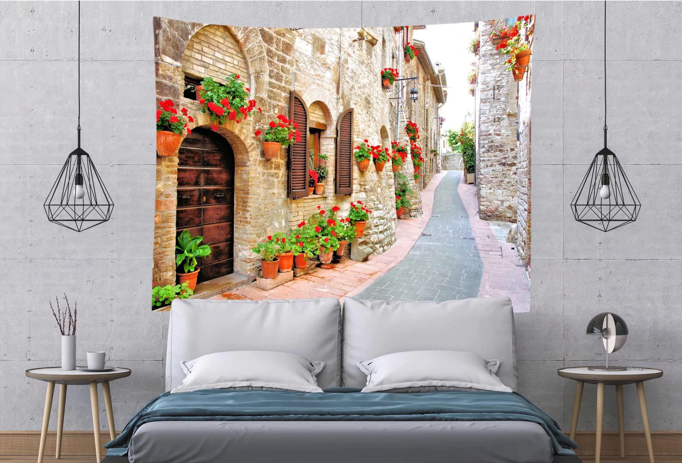 Loccor Loccor 5x3ft Italy Tapestry Photography Backdrop Summer Small Town Street City Street Scenery Wall Art Large Nature Wall Hanging for Men Women Living Room Bedroom Restaurant Decorations