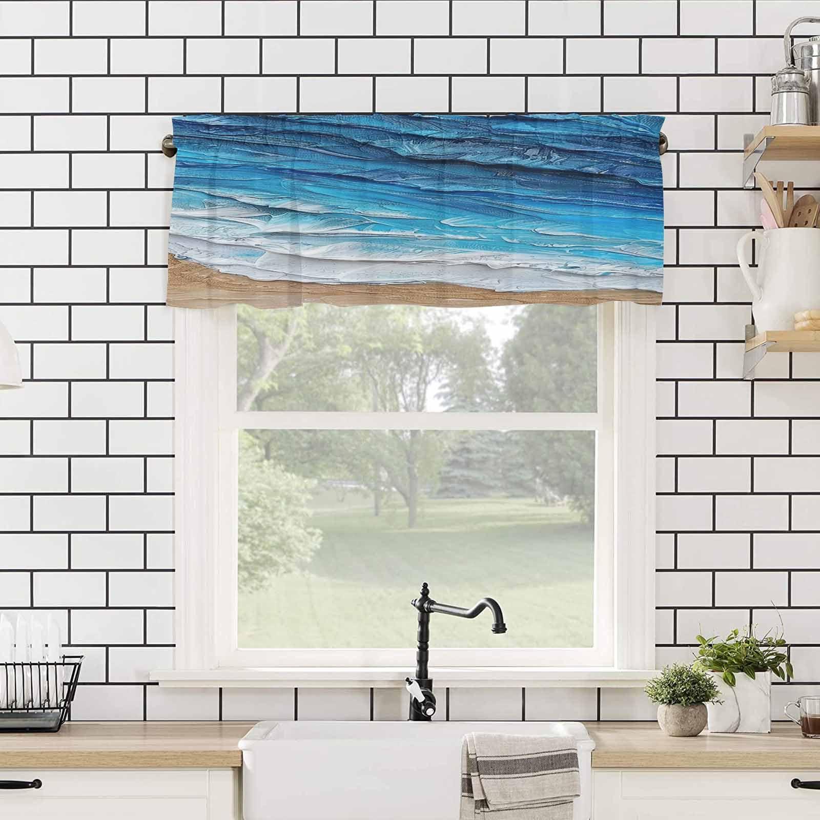 Double Love Blue Coastal Waves Valance Curtains for Living Room/Bedroom/Bathroom/Kitchen Window,Ombre Abstract Ocean Beach Minimalist Painting Rod Pocket Drape Curtains Small Cafe Drapery,1 Panel Valance 42"x12"