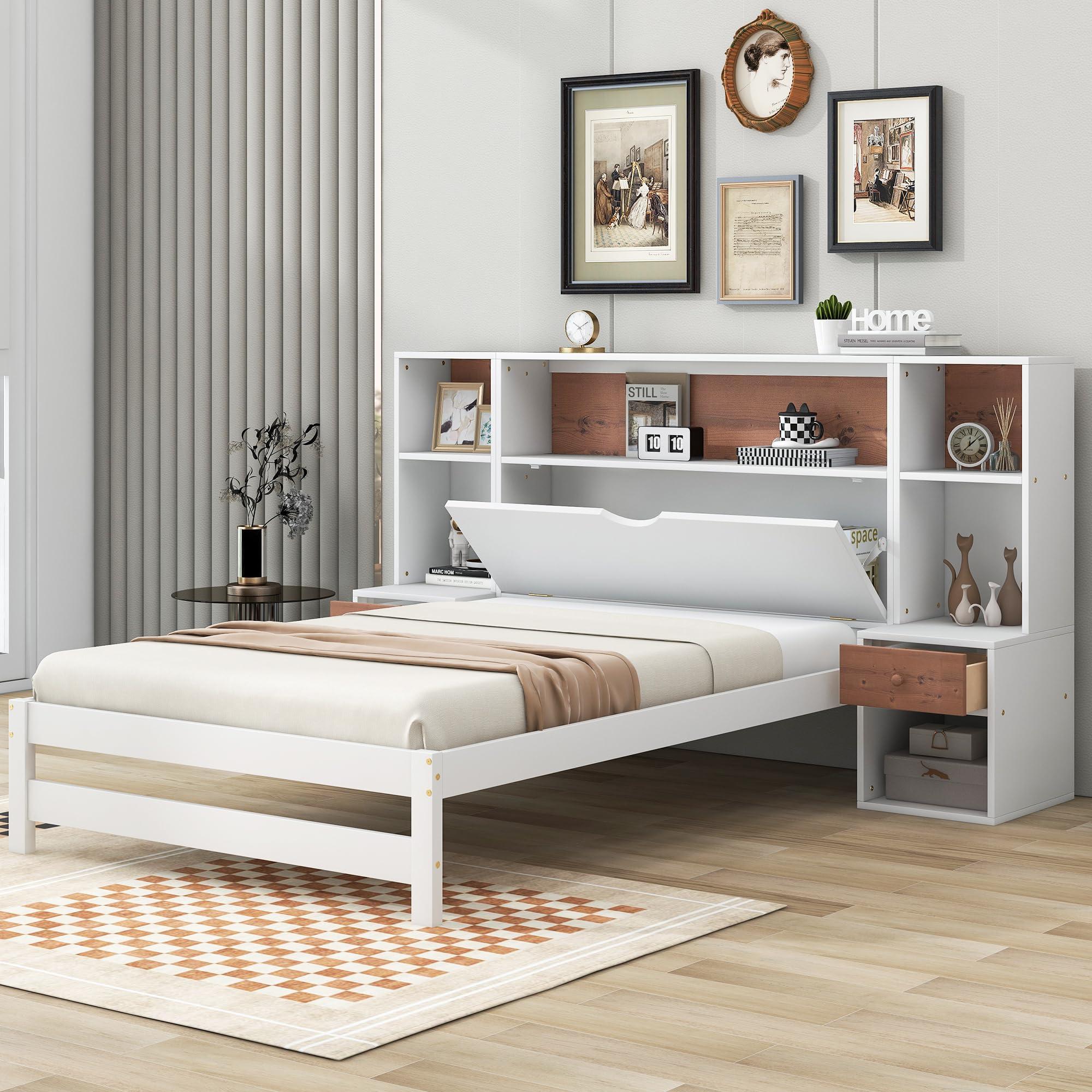 Brabrety Twin Size Platform Bed with Storage Headboard and Drawers,with Two Nightstands Solid Pine Wood Platform Bed,Plenty of Storage Makes it Ideal for Bedroom Furniture.