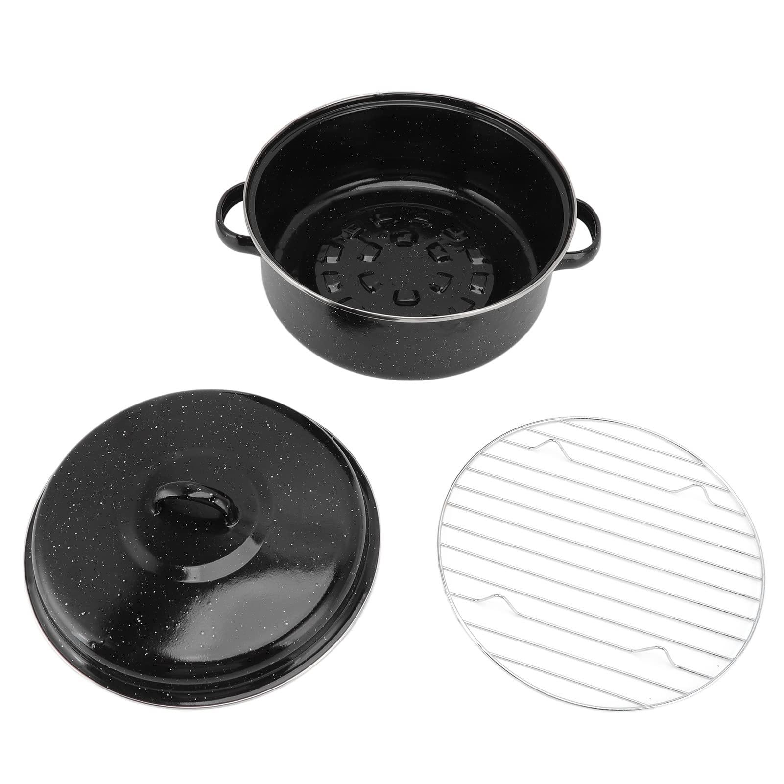 lvifloae Roasting Pan with Lid Round Roaster Speckled Black Enamel on Steel Circular Spot Finish Non Stick Pot 28cm For Household Kitchen 2.5 lb. CapacityThe bottom has exhaust holes