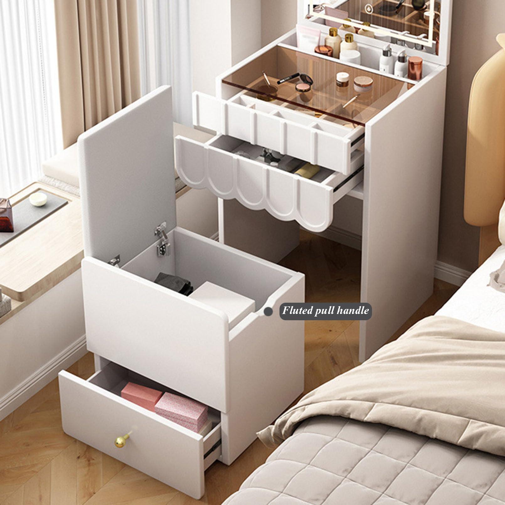 TBWFRD Makeup Vanity Table with Lighted Mirror, Small Vanity Desk with Storage Stool and Drawers, Bedroom Dressing Table with Transparent Table Top for Girls Women Gifts