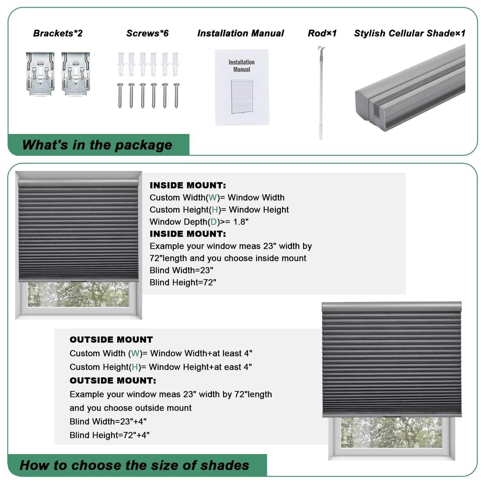Tonature Toanture Custom Cordless Cellular Blinds, Easy to Install Blackout Honeycomb Window Blinds for Shades, Thermal Insulated 1.8" Single Cell Honeycomb Blinds for Bedroom, Office(Dark Grey,83" W x 72" H)