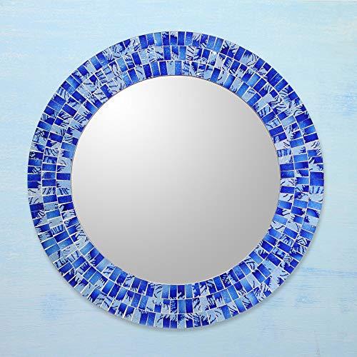 NOVICA NOVICA Blue Glass Mosaic Wood Framed Round Decorative Wall Mounted Mirror, Tropical Fusion' (Large)