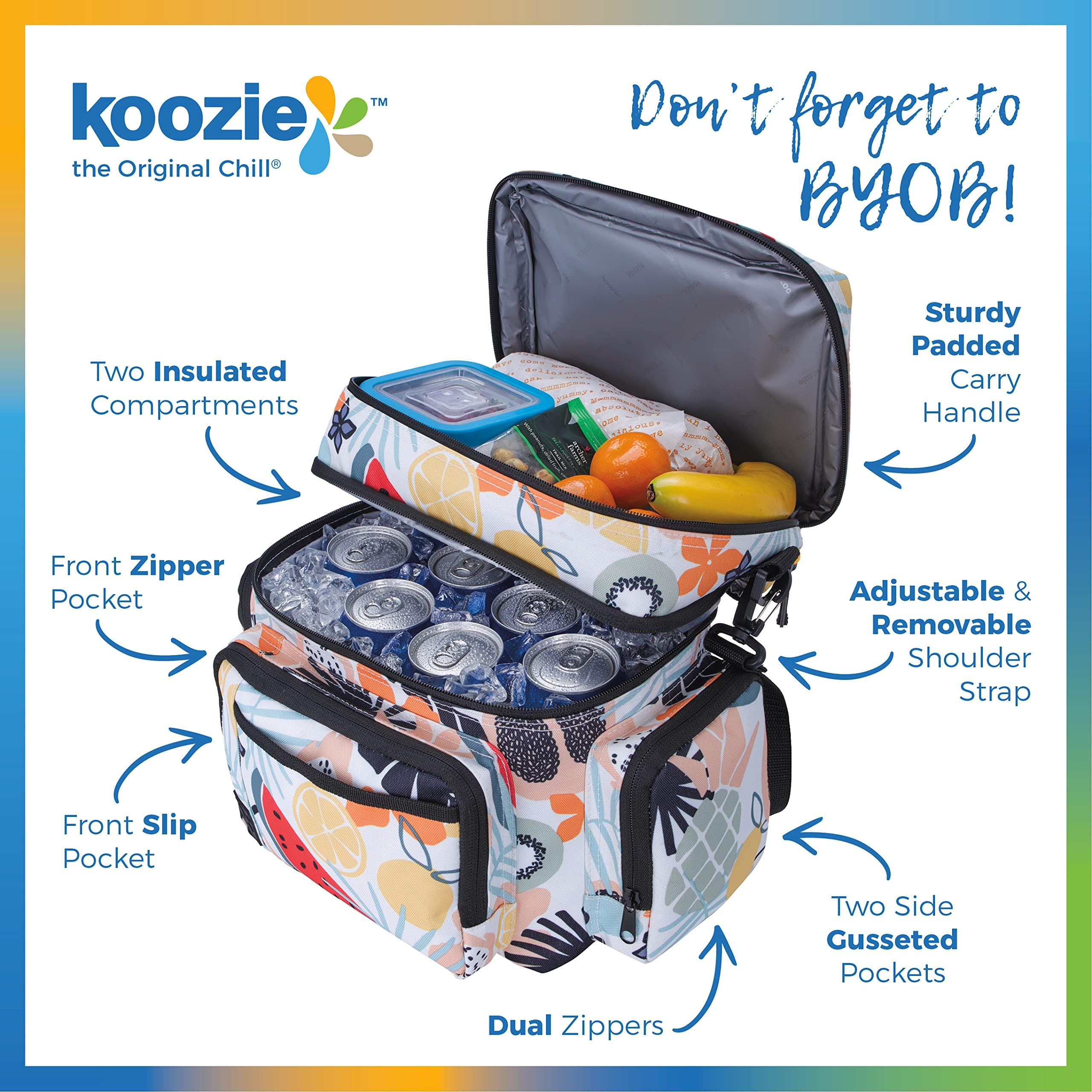 KOOZIE KOOZIE Dual Compartment Cooler Lunch Bag for Women - Large Double Decker Insulated Lunch Box with Removable Shoulder Strap - Resuable Lunch Tote for Work, Travel, Beach, Picnic (Tutti Fruitti)