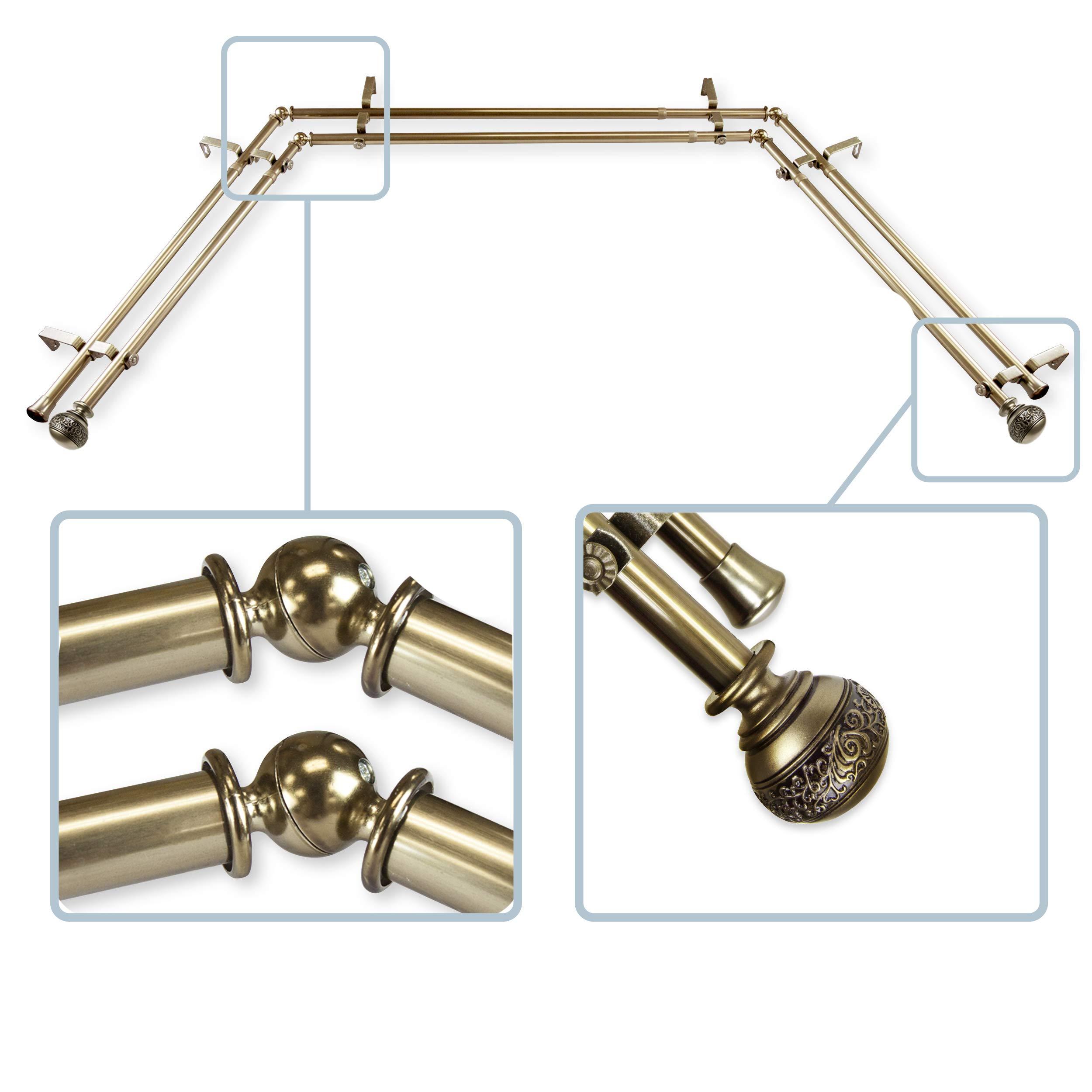 Rod Desyne Rod Desyne 13/16" Nathan Bay Window Double Curtain Rod, 20-36", 38-72", Antique Brass