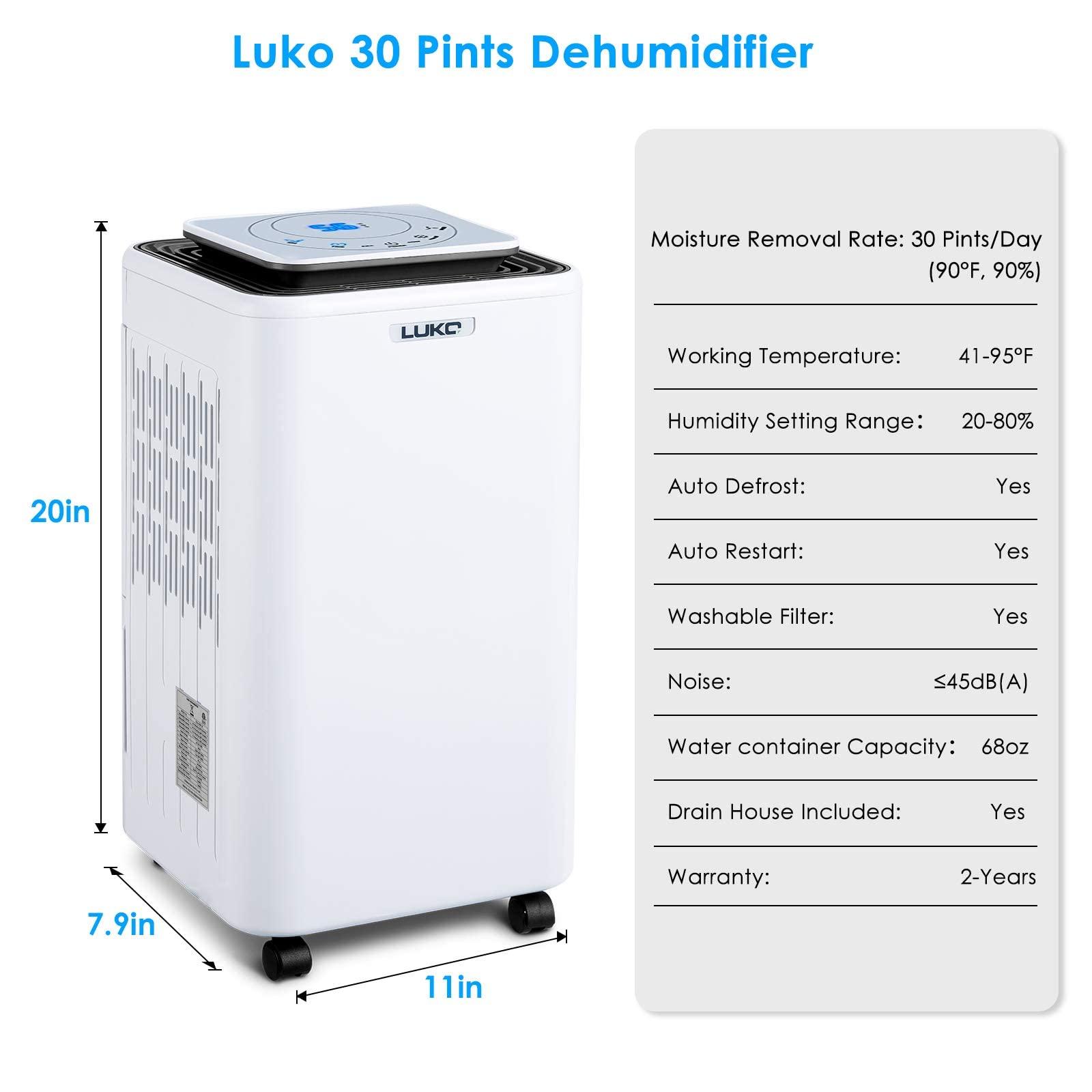 LUKO LUKO 2000 Sq. Ft Dehumidifiers for Large Room and Basements, 30 Pints Dehumidifier with Drain Hose, Auto or Manual Drainage, 0.528 Gallon Water Tank, Auto Defrost, Dry Clothes Function, 24H Timer