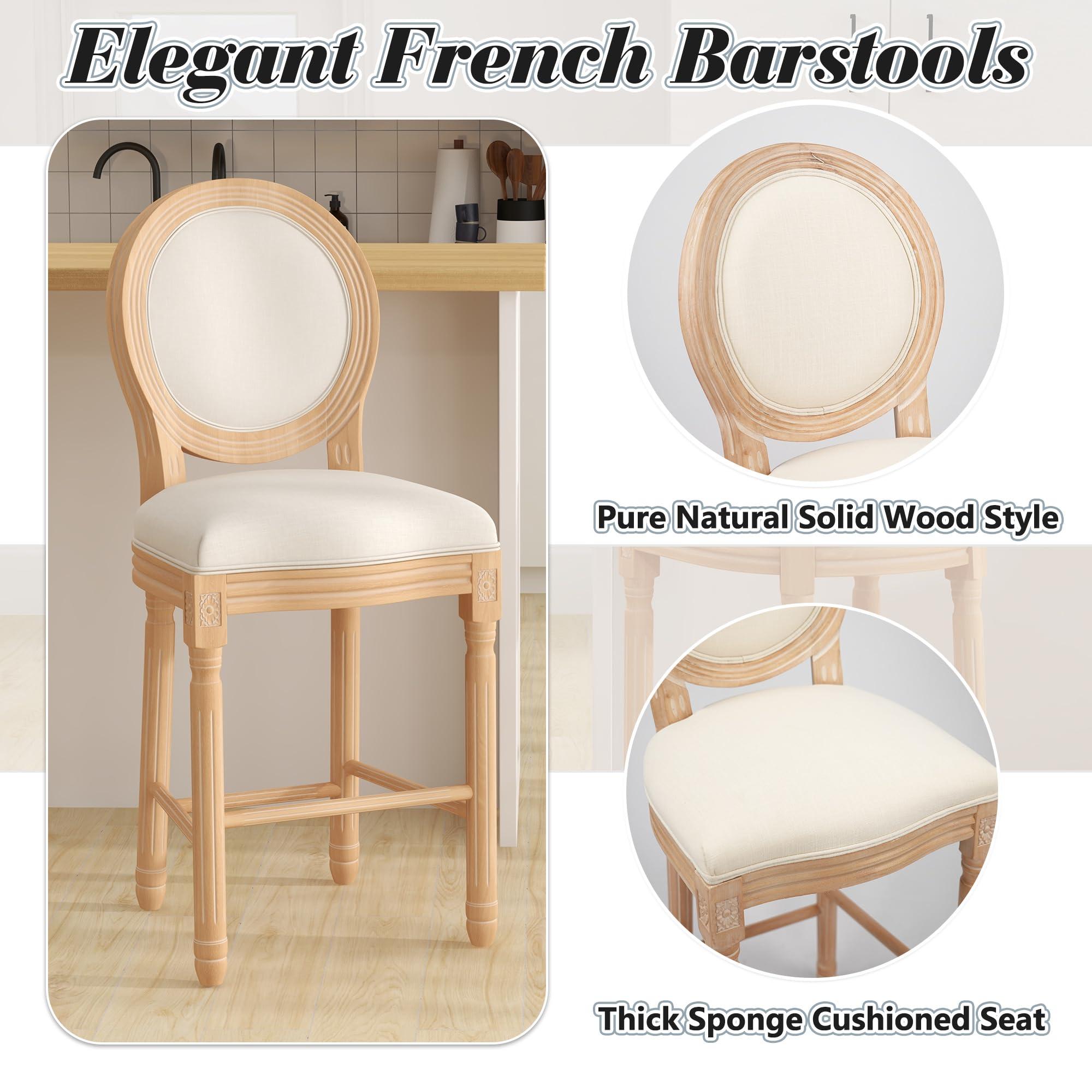 Fashionom Fashionom Barstools Set of 4, Upholstered French Country Bar Stools with Linen Fabric Back, 27 inch Seat Height Counter Chairs with Solid Wood Frame, for Kithcen Dining Room Farmhouse, Beige
