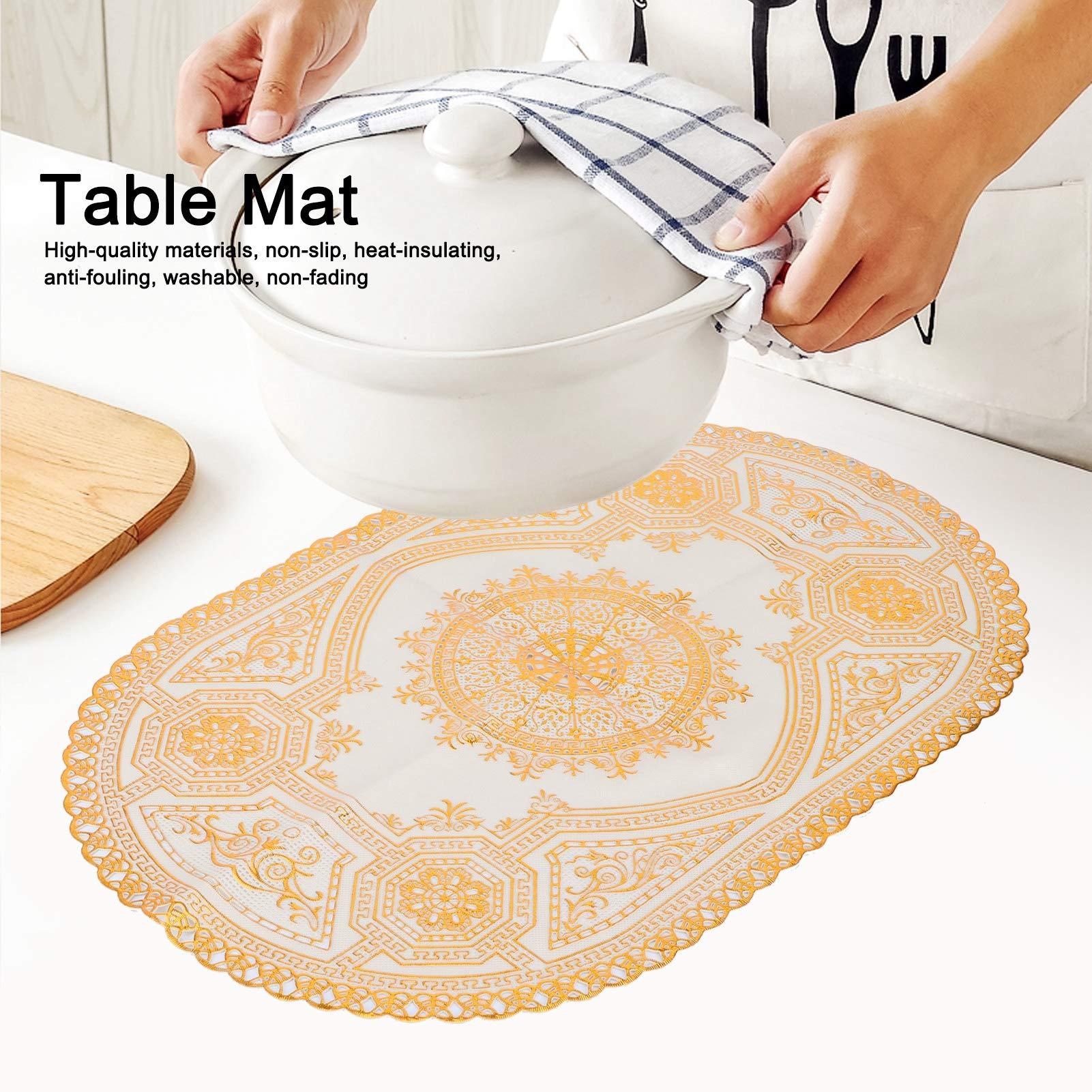 Enforose Gold Placemats 2Pcs Gold PVC Table Mats Placemats and Cup Coaster Pads for Kitchen, Restaurant, and Wedding Decoration (Oval Pattern 03)