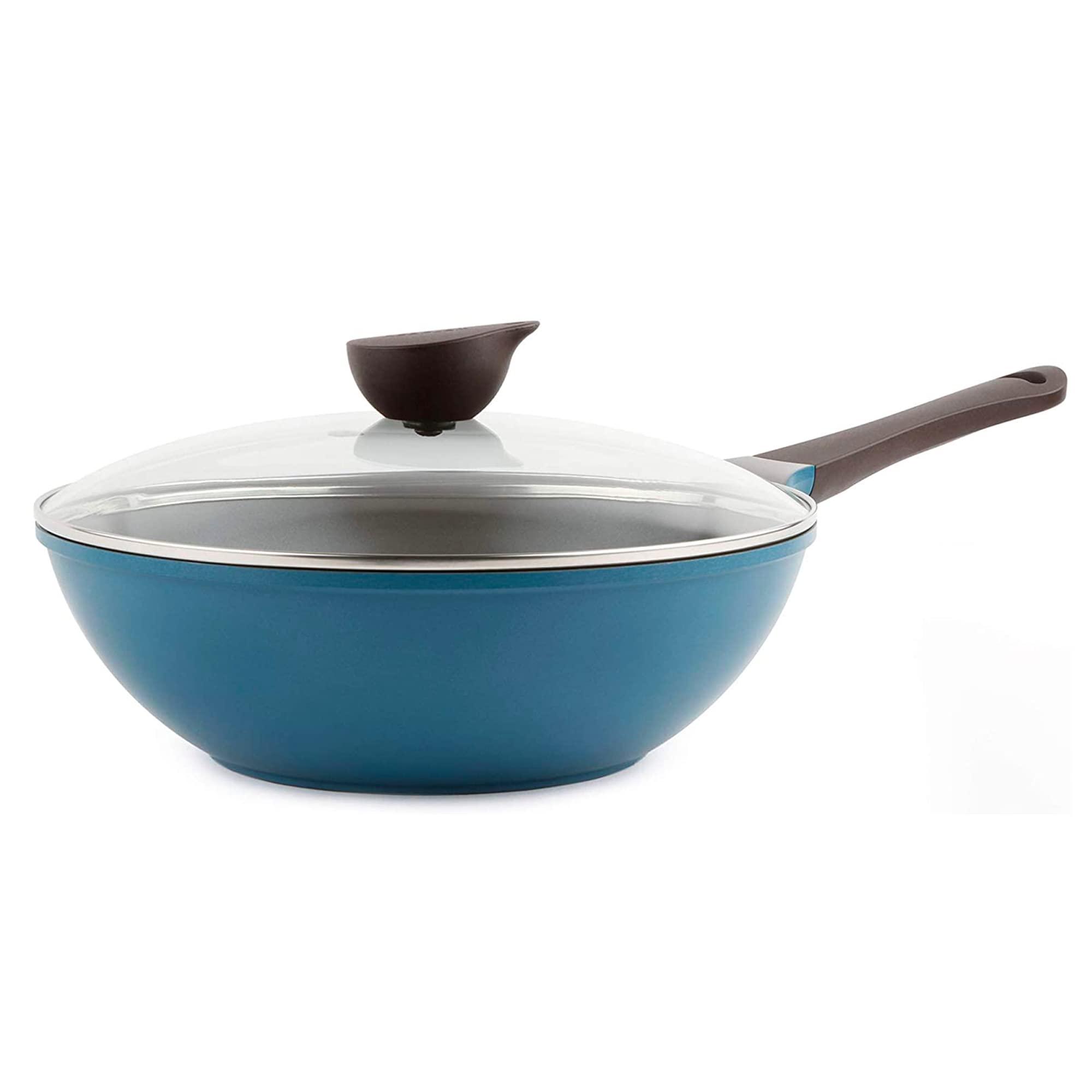 Neoflam Neoflam Eela 12'' Non Stick Chef's Wok with Glass Lid, Stir Fry Pan and POFA-Free Ceramic Coating for Cooking Saute Vegetables, Meat, Fish, 12 inch, Deep Blue (Handle assemble required)