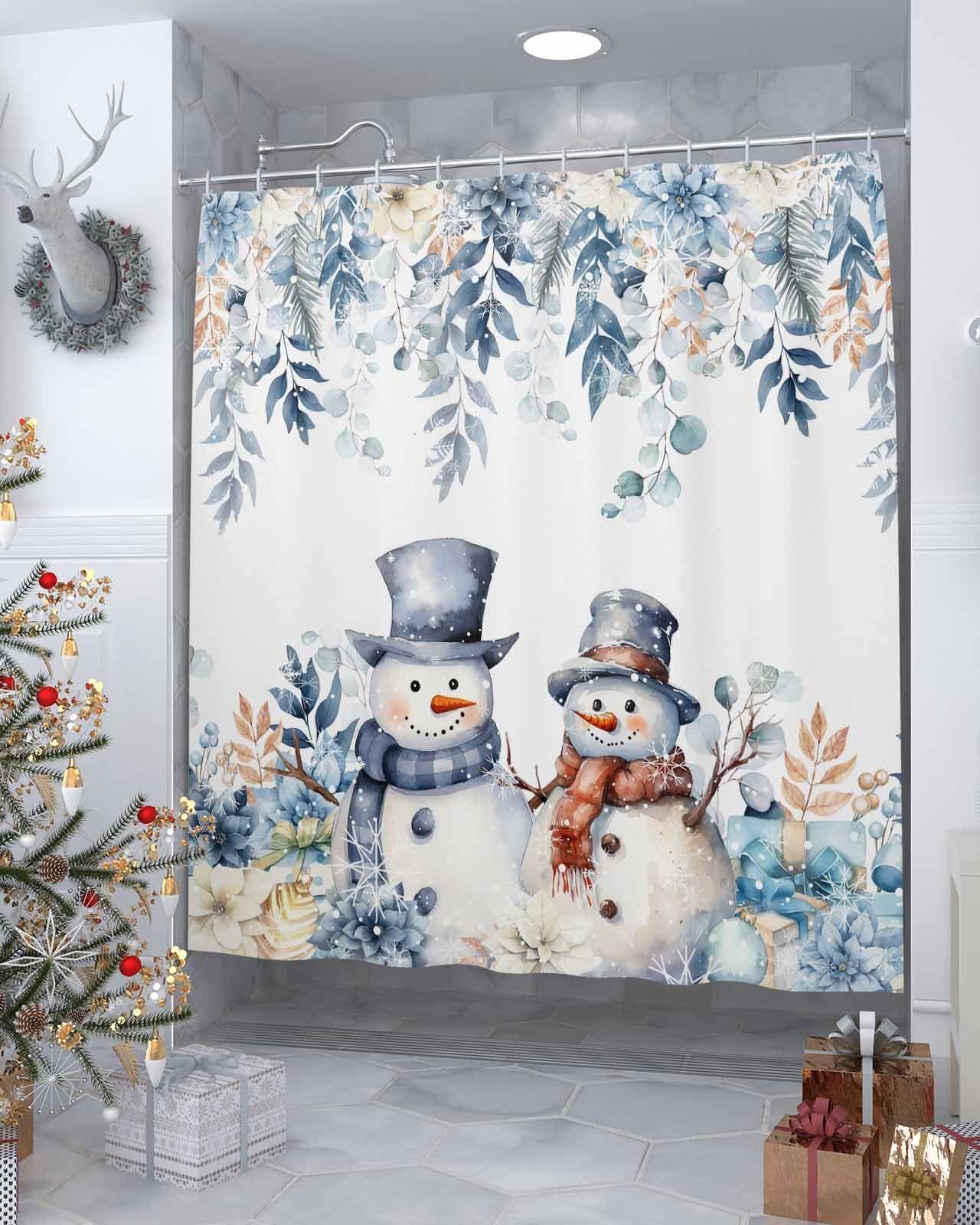 Amaze-Home Christmas Shower Curtains for Bathroom, Snowman Shower Curtain Set with Hooks Eucalyptus Leaves Waterproof Fabric Bathroom Curtains for Showers Bathtubs Winter Holiday Bath Decoration 36x78 inch