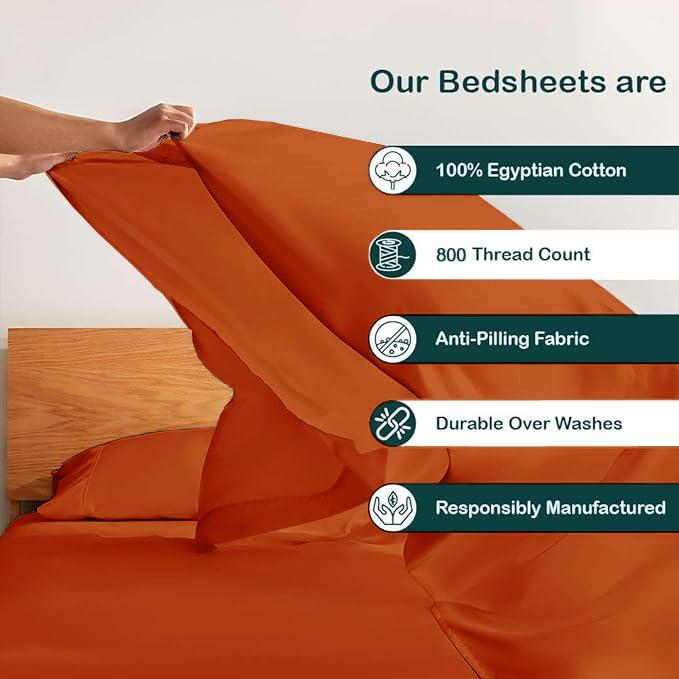 OnlineBestDeal\'s Split Top California King (Adjustable, Flex Top Cal King Size) 100% Egyptian Cotton 800 Thread Count 4Pcs Sheets for Sleep Number Bed, 15\" Deep Pocket - Split Down 34 inches from The top- Burnt Orange