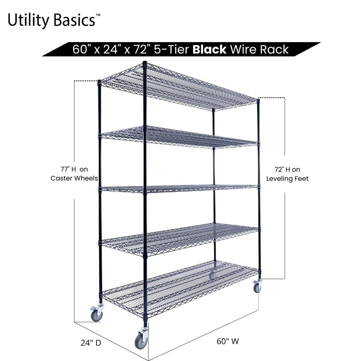 Utility Basics Utility Basics 60"x24"x72" Black 5-Tier Premium Metal Wire Shelving NSF 4000 LBS MAX Capacity Heavy Duty Steel Storage Rack for Warehouse, Garage, Hospital, Commercial Space & School w/Premium Wheels