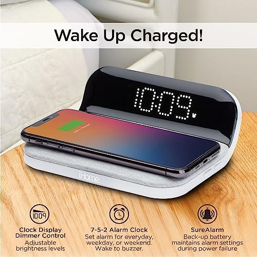 iHome iHome iW18 Digital Alarm Clock, Dual Alarm Clock with USB Charger & QI Charging, Alarm Clocks for Bedrooms, Adjustable Brightness Dimmer (White)