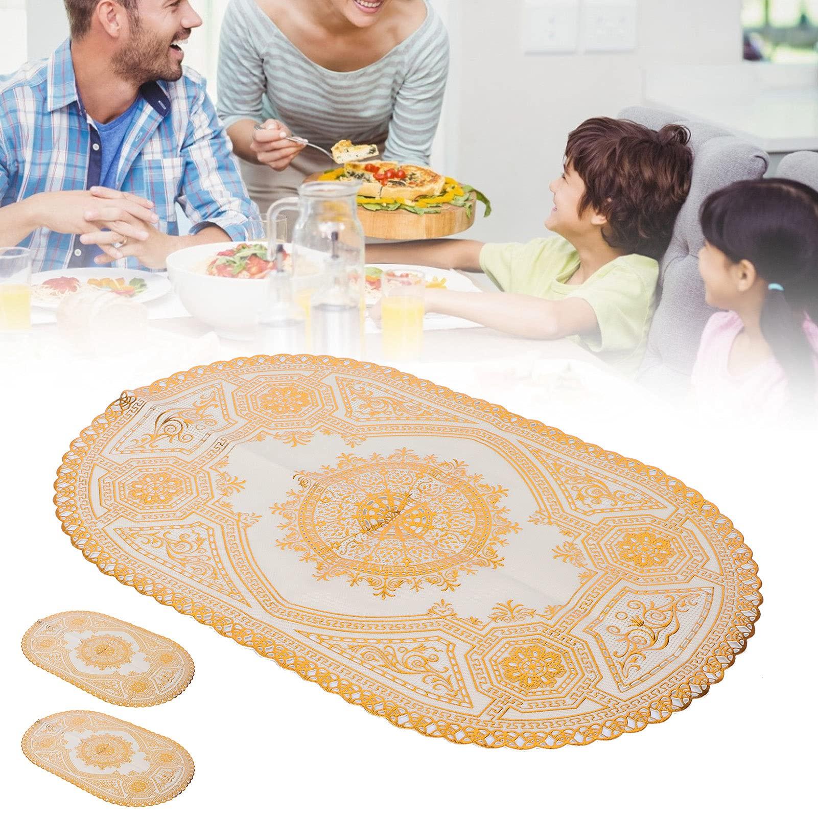 Enforose Gold Placemats 2Pcs Gold PVC Table Mats Placemats and Cup Coaster Pads for Kitchen, Restaurant, and Wedding Decoration (Oval Pattern 03)