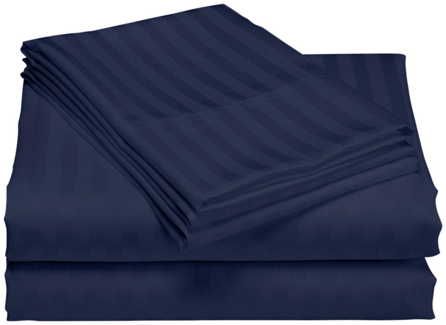 Plaza Cotton Collection Silky-Soft 1800 Thread Count Heavy Egyptian Cotton Twin XL Size 4-PCs Luxury Bed Sheets Set (1 Fitted, 1 Flat, 2 Pillowcase) Fits 15-18\" Deep Pocket, (Stripe, Navy Blue)