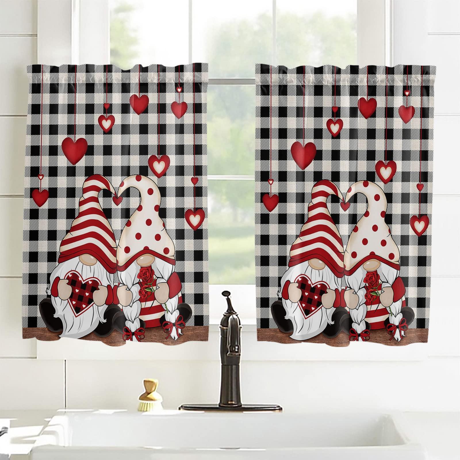 Tersuger Kitchen Tier Curtains 45 inches Length,Valentines Be Mine Love Gnome Red Heart Roses Black White Plaid Curtains for Living Room Bath,Rod Pocket Light Filter Drapes Half Window Treatment Tiers 2 Panels