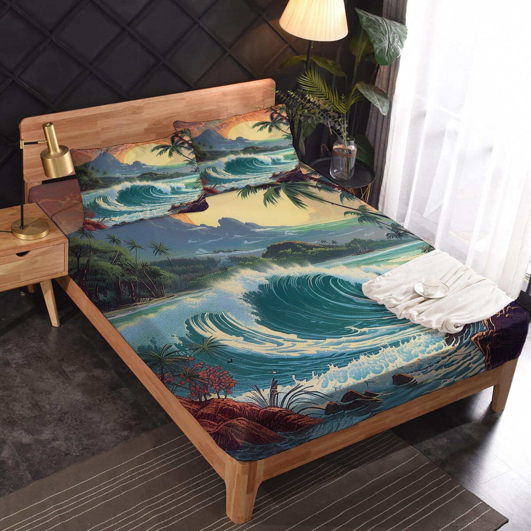 zcsm zcsm Wave Sheets Twin XL Sheet Sets - Tropical Hawaiian Landscape Bed Sheets, Soft Microfiber & Deep Pocket & Wrinkle Free Bedding Sheets & Pillowcases, 1 Fitted Sheet, 1 Flat Sheet, 1 Pillow Case