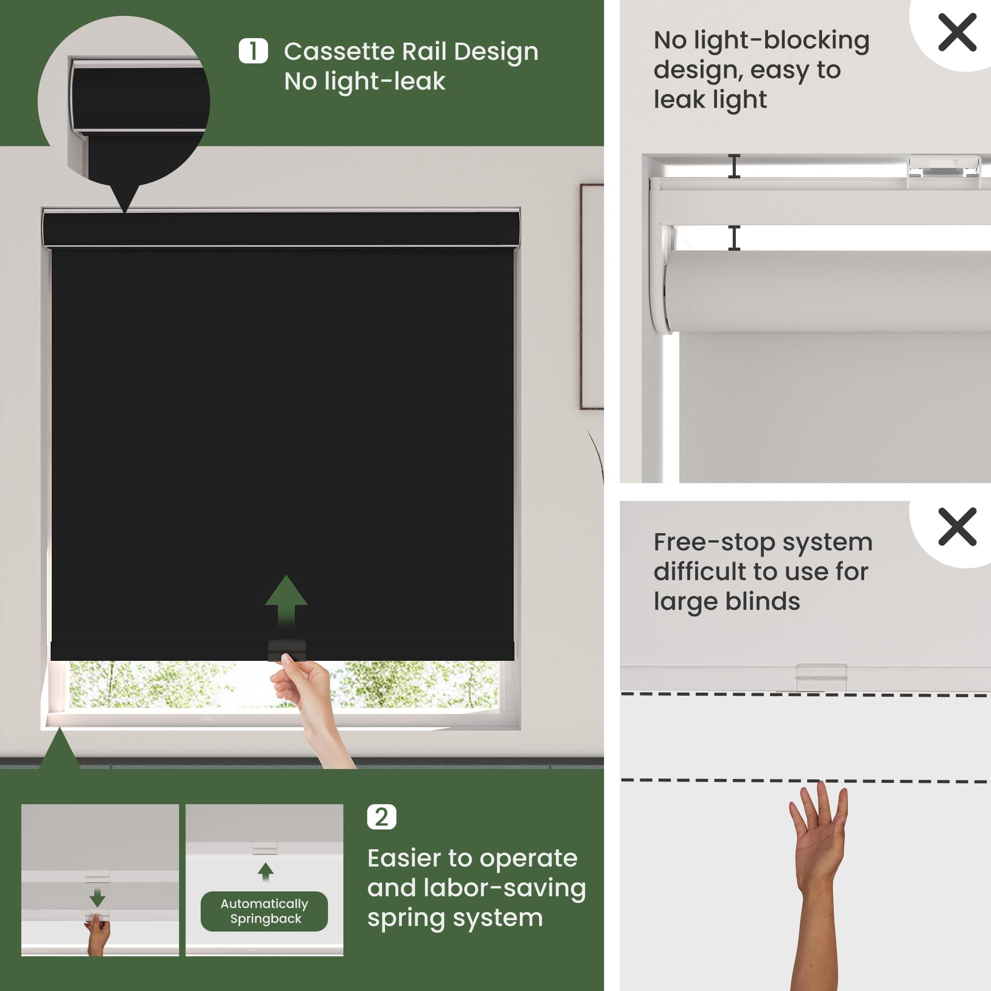 HOTSOON HOTSOON Blackout Roller Window Shades Cordless Simple Style Roller Shades Spring System Cassette Valance Roll Up Blinds for Windows, Door, Black, 56" W x 60" H