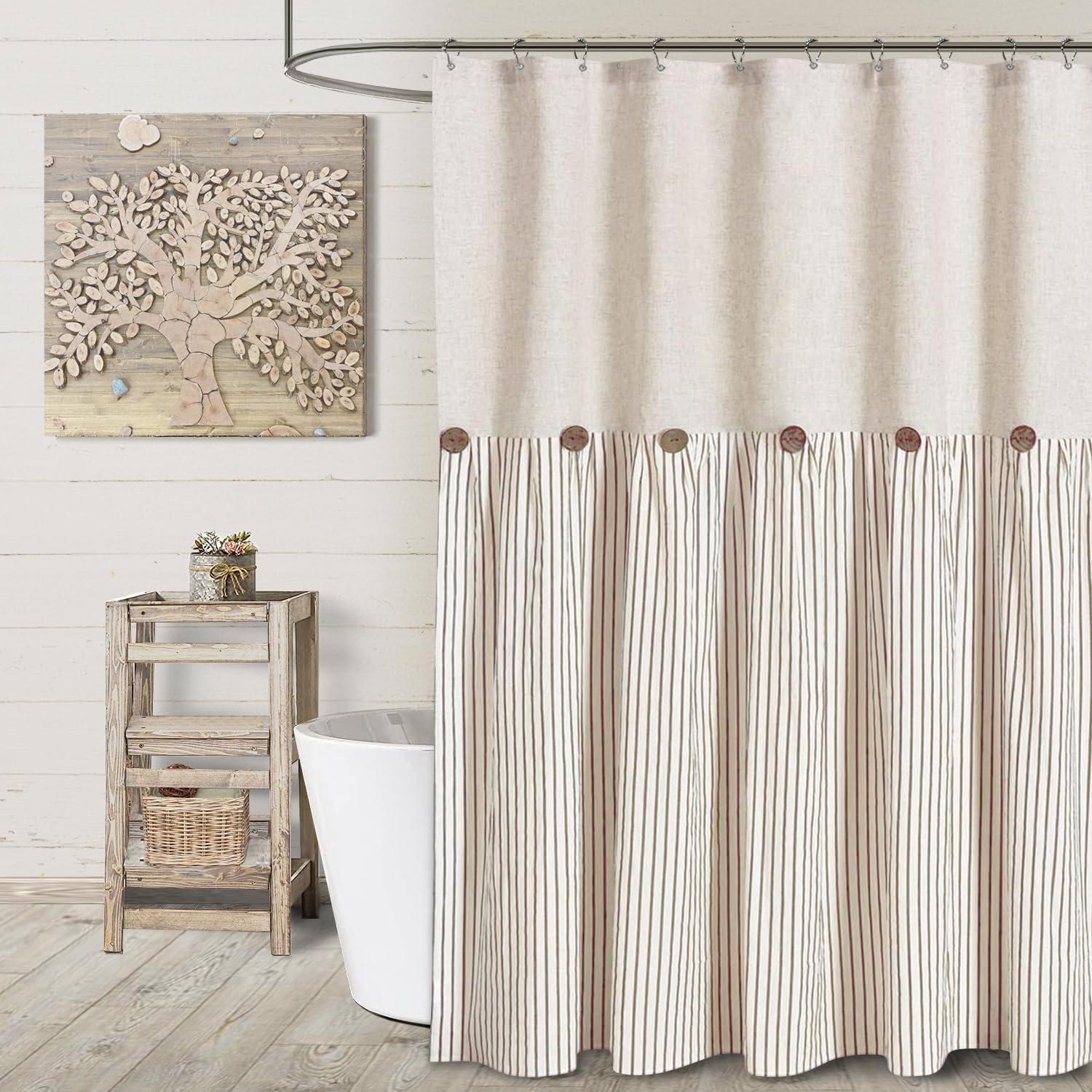 Awellife Awellife Extra Long Shower Curtain for Bathroom 84 Inch Shower Curtain Button Farmhouse Shower Curtain Beige Linen and Cotton Woven Fabric Pleated Brown Stripe Country Rustic Style