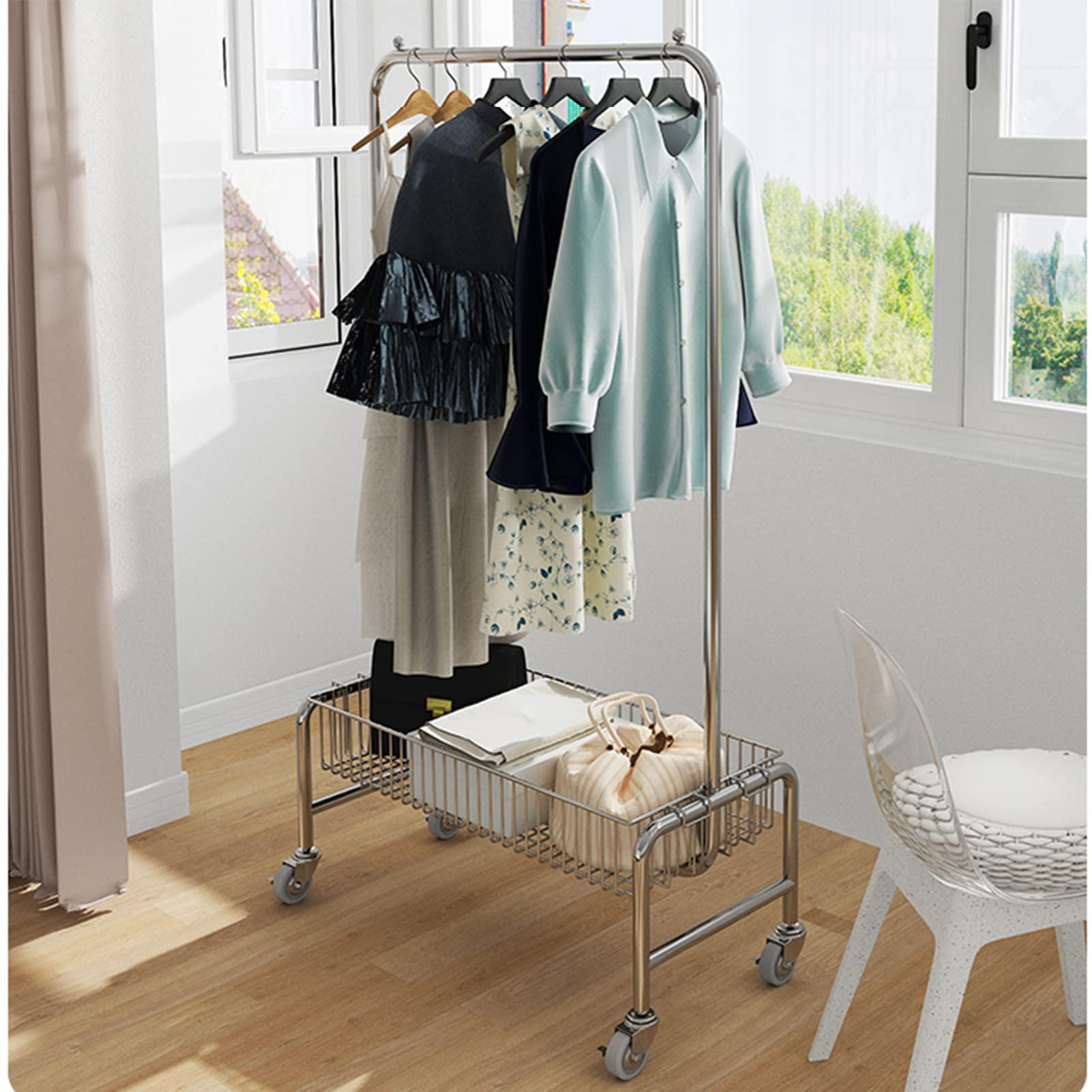 ARALEL Garment Rack Portable Rolling Clothing Racks For Hanging Clothes On Wheels, Space Saving Clothes Organizers With Storage Basket, Multi-Purpose Metal Display Rack, Bedroom Coat Ra(Size:118X40X168CM )