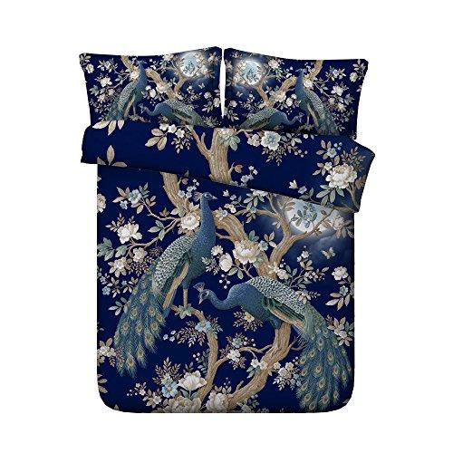 Goldeny JF-448 HD Digital Print White Flowers Peacock Tree Bedding Set with 1 Duvet Cover 2 Shams Full Queen King Sheets, Not Comforter (Full)