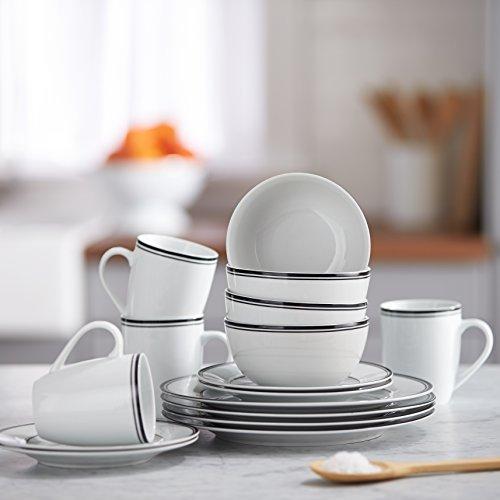 Amazon Basics Amazon Basics 16-Piece Cafe Stripe Kitchen Dinnerware Set, Plates, Bowls, Mugs, Service for 4, Black