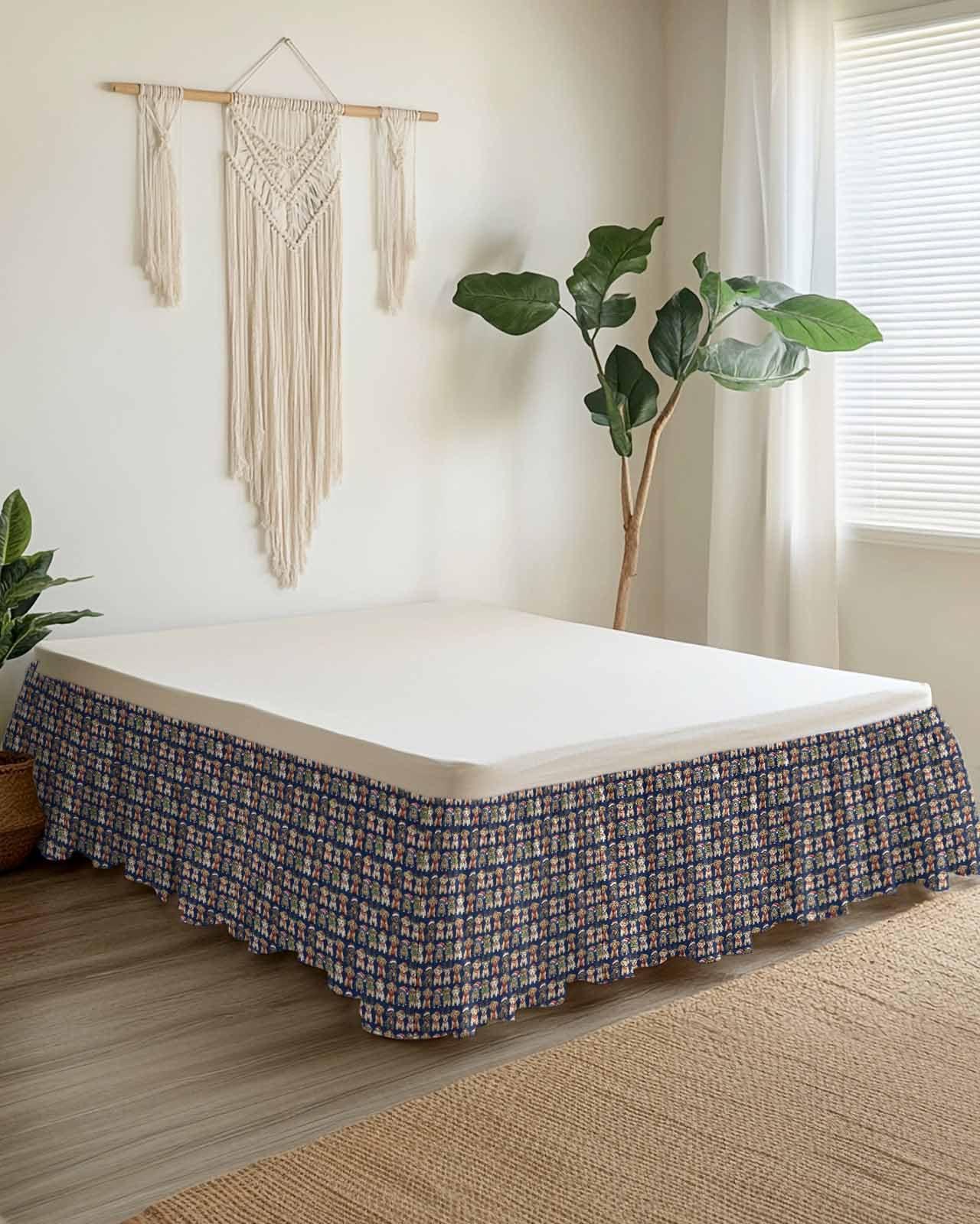 IDOWMAT Christmas Pet Dog Santa Hat Ruffled Bed Skirt,Elastic Wrap Around Bed Skirts for 72x84 Inch Bed, Winter Xmas Ornament Navy Bedskirt with 16 Inch Drop Easy Fit Bed Frame Cover