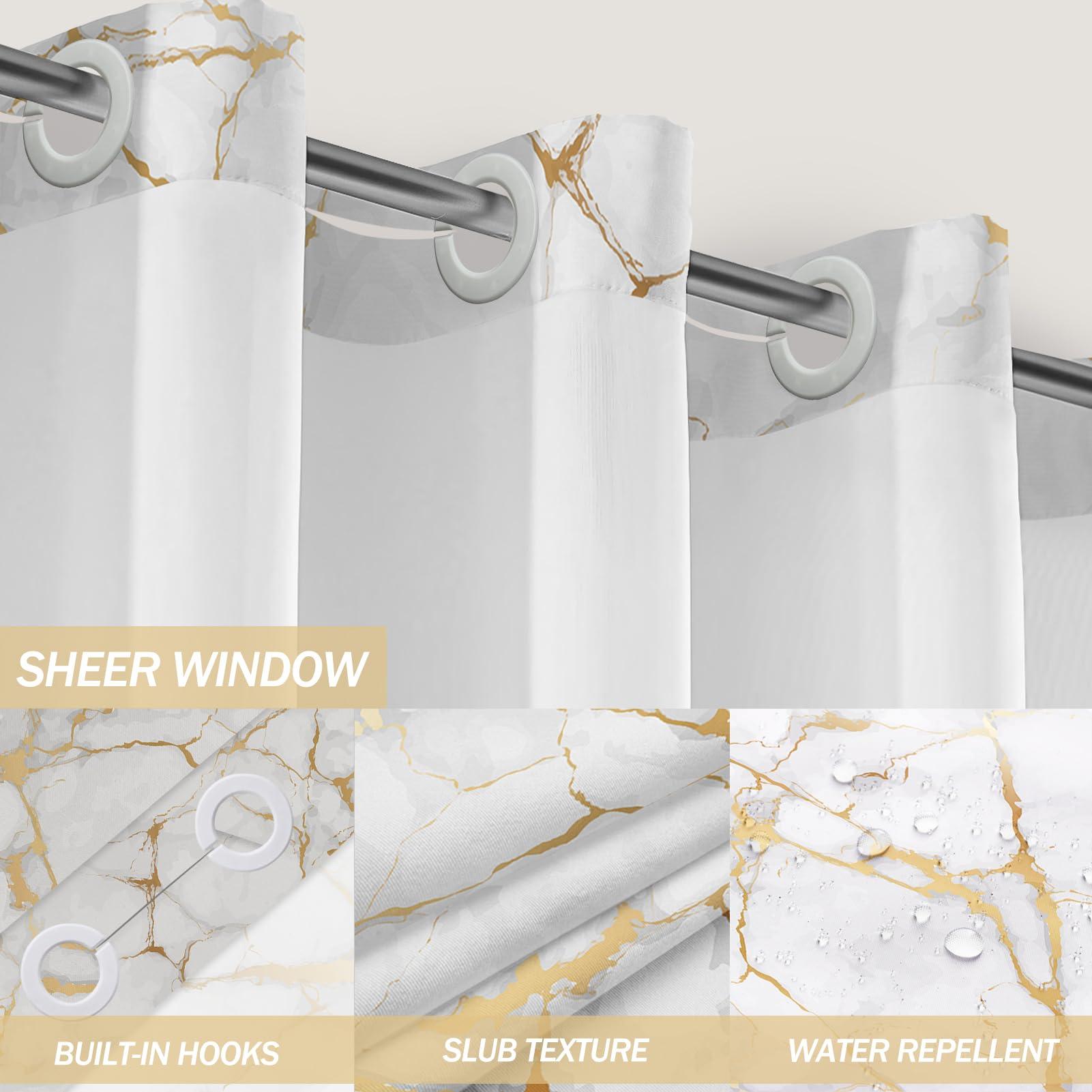 Lnond Lnond No Hook Shower Curtain with Snap in Liner, Marble Hookless Shower Curtain, White Gold Shower Curtain No Hooks,Machine Washable, 71\" (W) X 74\" (H)