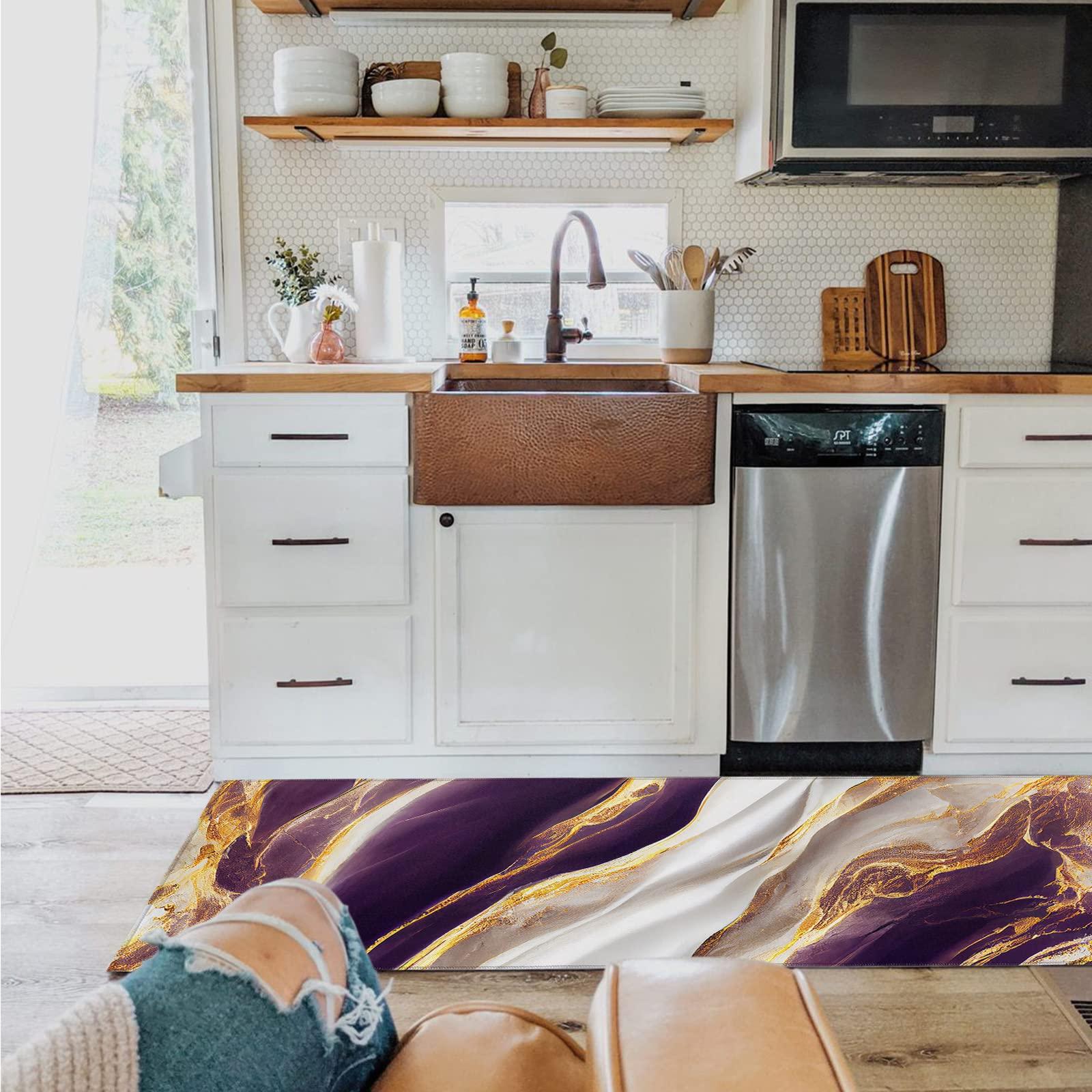 Shine-Home Marble Purple Kitchen Rug, Abstract Gold White Modern Art Washable Bath Shower Door Welcome Runner Area Rug Mat Carpet for Bedroom Bathroom Living Room Accent Throw Desk Rug, 20x47