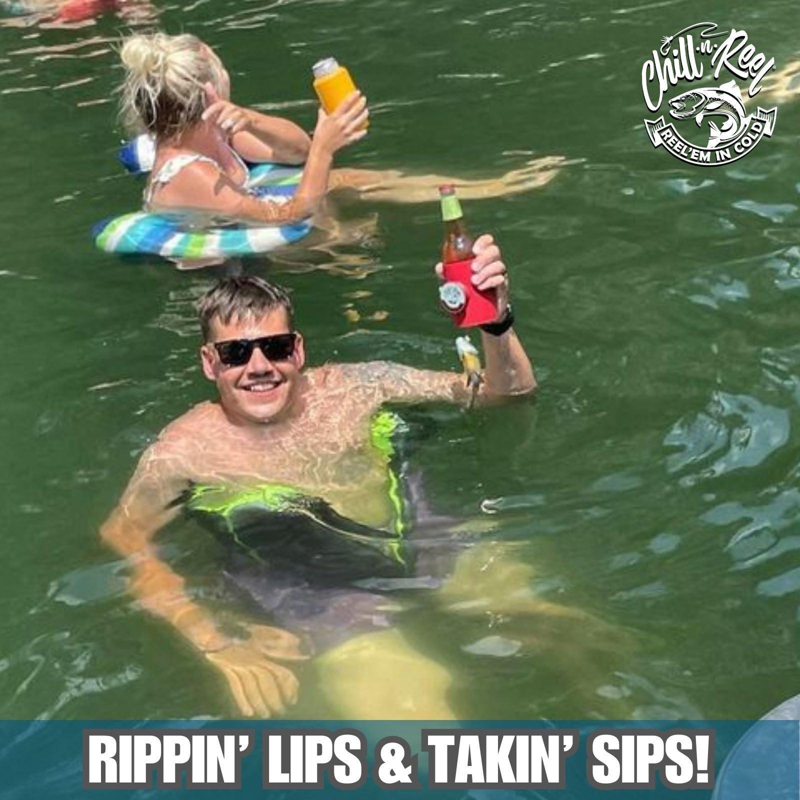 Chill-N-Reel Chill-N-Reel Fishing Can Cooler (from Shark Tank) | Hard Shell Drink Holder with Hand Line Reel Attached | Fits Standard Insulator Sleeves or Coozies | Unique Fun Fishing Gift (Crimson & Spill Guard)
