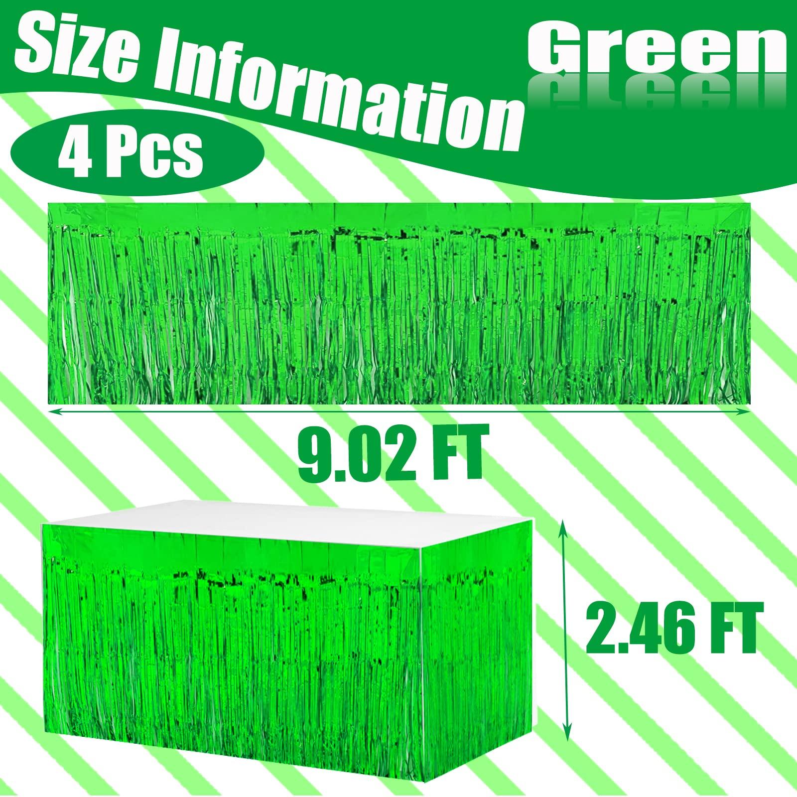 Clayghsen 4 Pack 29x108 Inch Metallic Foil Fringe Tinsel Table Skirts for Rectangle Tables Streamer Curtains Backdrop for Wedding, Birthday, Parade Floats, Christmas, Halloween Party Decoration(Green)