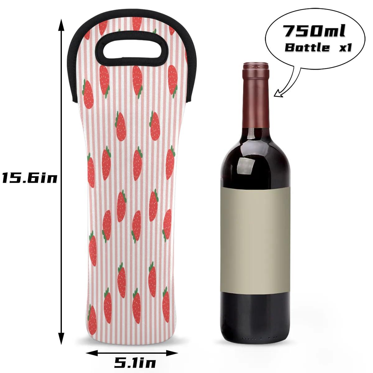 QsirBC Fruits Strawberries Pattern Wine Gift Tote Bag Neoprene Single Bottle Holder 750ml Wine Carrier Bags for Travel Wedding Festival Favors 5.1 X 15.6 In