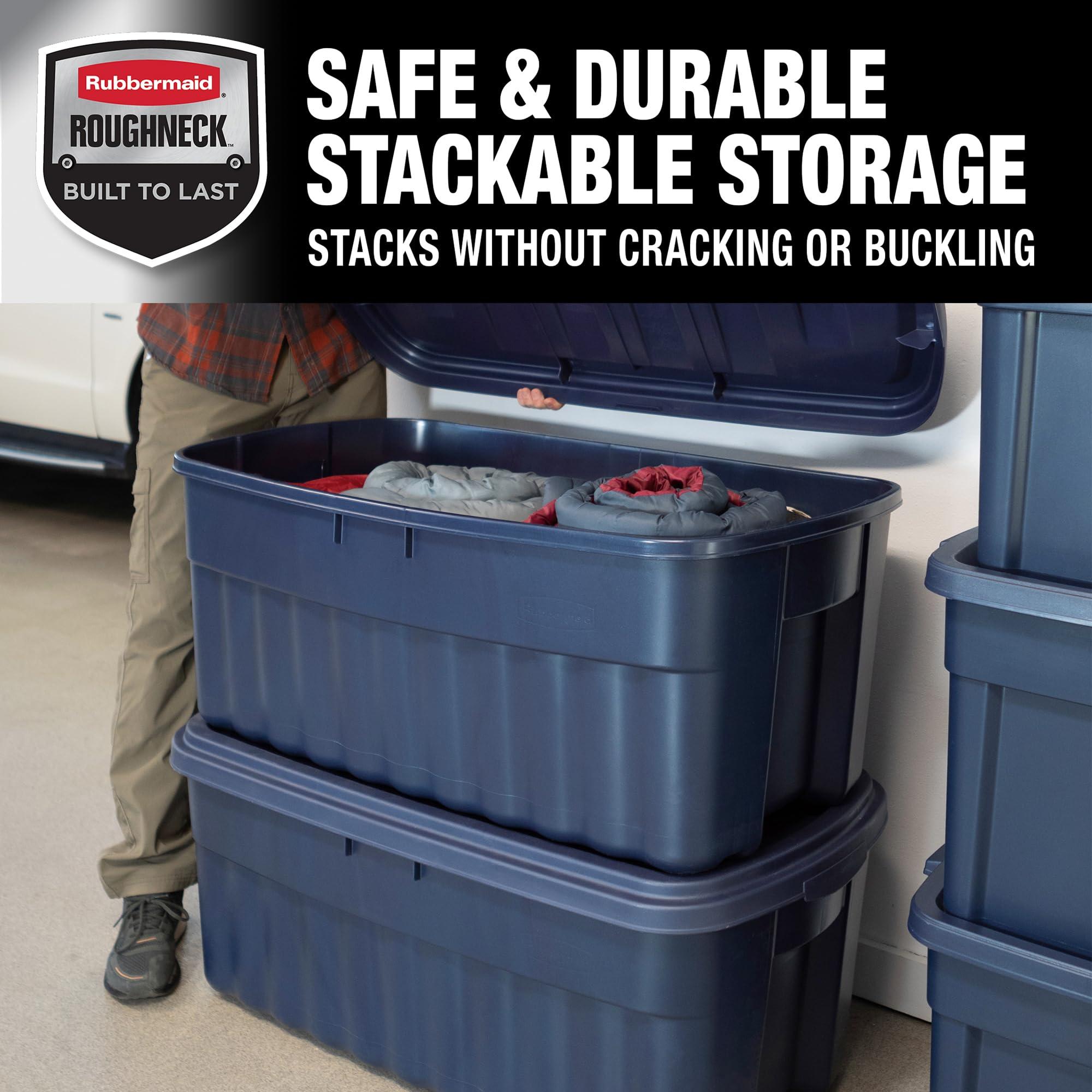 Rubbermaid Rubbermaid Roughneck Tote 50 Gal, 2 Pack, Made in USA, Dark Indigo Metallic, Rugged Plastic Stackable Storage Bins with Lids and Handles