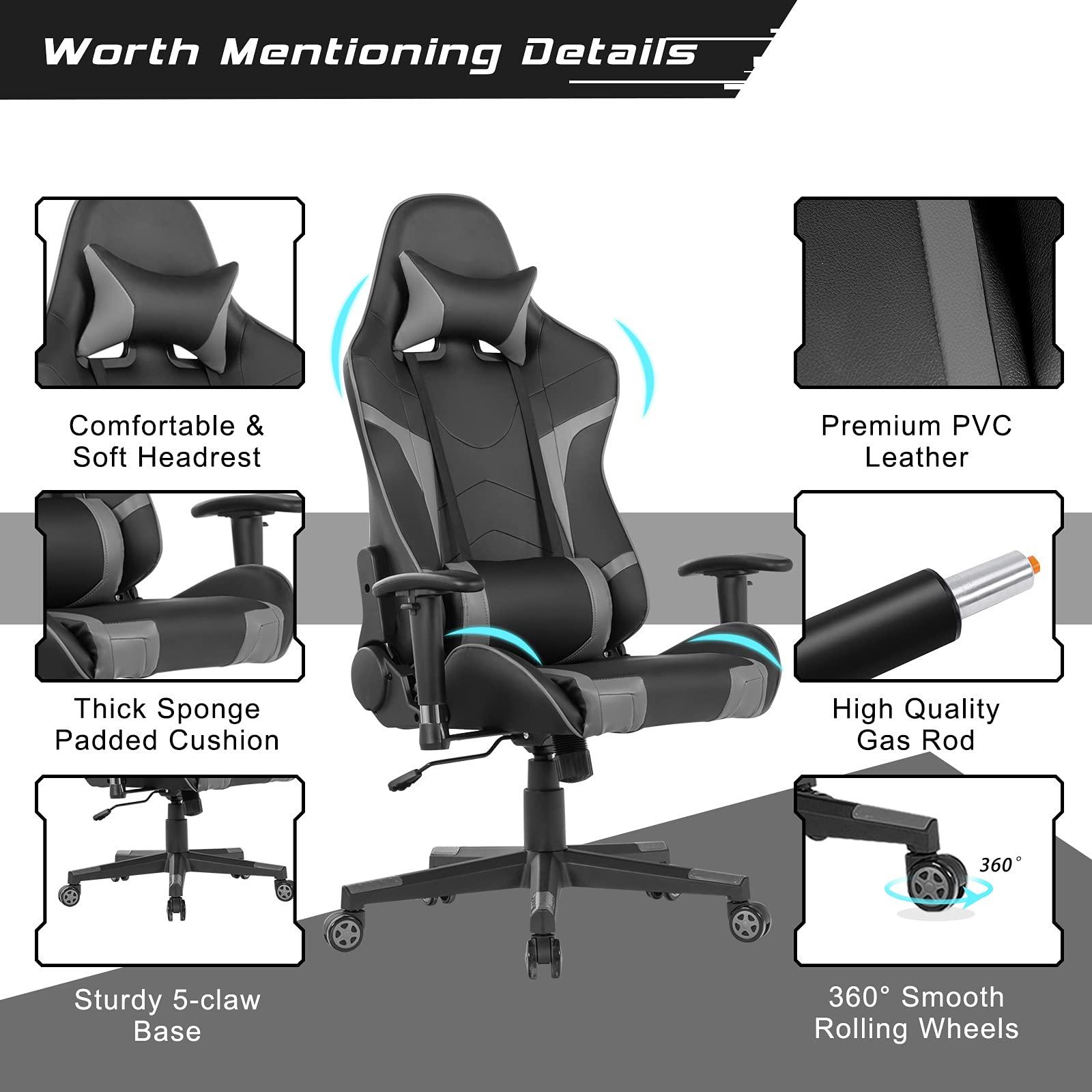 GYMAX GYMAX Gaming Chair, Massage Gaming Chairs for Adults with Headrest, Lumbar Support & Armrest, Video Computer Reclining Gaming Chair, Office Desk Gamer Task Chair (Grey)