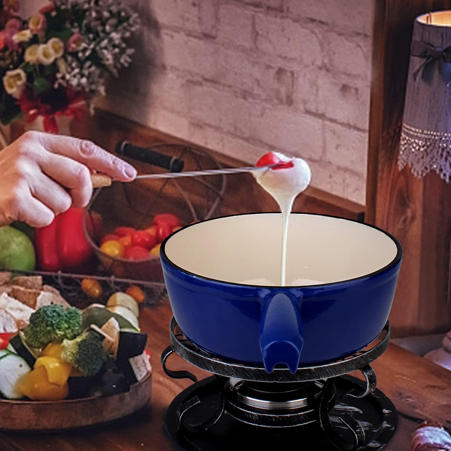 Artestia Artestia Swiss Traditional Cast Iron Cheese Fondue Pot Set, Campimg Fondue Set for Cheese, Meat & Chocolate (Blue)