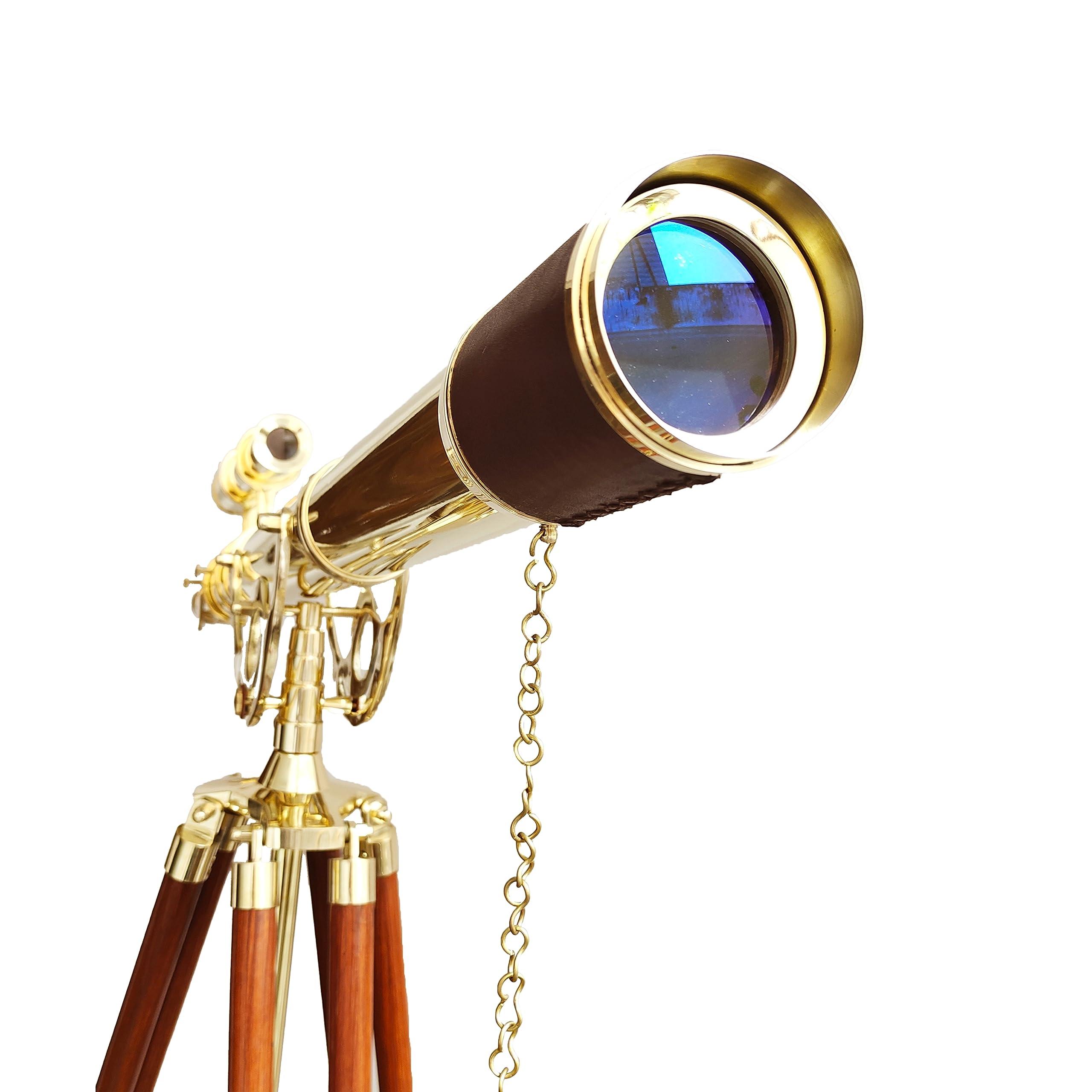 NAVIROCK Vintage Brass Telescope Nautical Shiny Brass Finish Latest Double Barrel Telescope Antique Floor Standing Adjustable Wooden Tripod Handicraft Marine Brown Leather