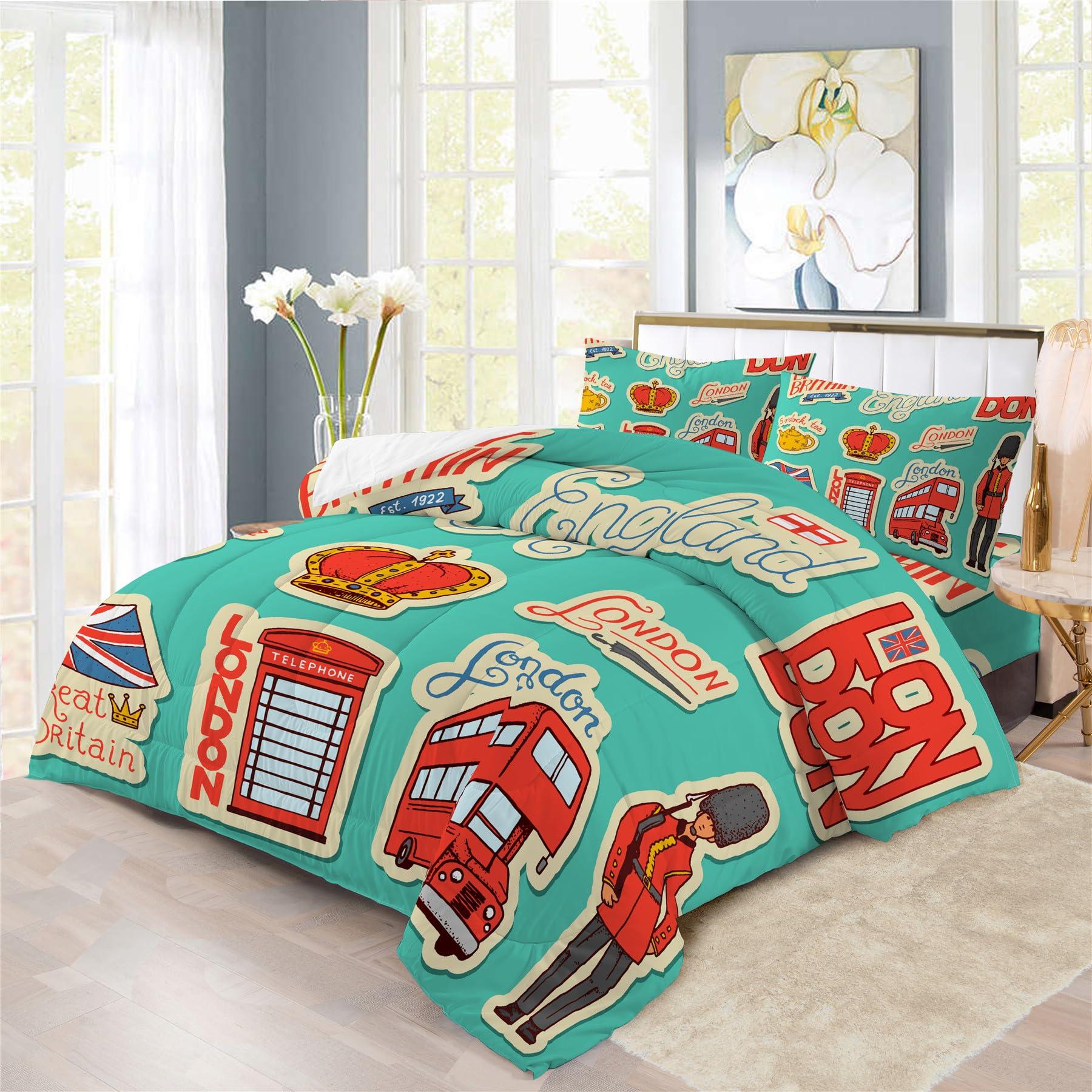 Boasorte Retro British Flag Design Comforter Set | UK Flag Big Ben Union Jack Prints Bedding Set | with Soft Comforter+2 Pillow Shams(3PCS) or Sheet (4PCS) (C,Twin-3PCS)