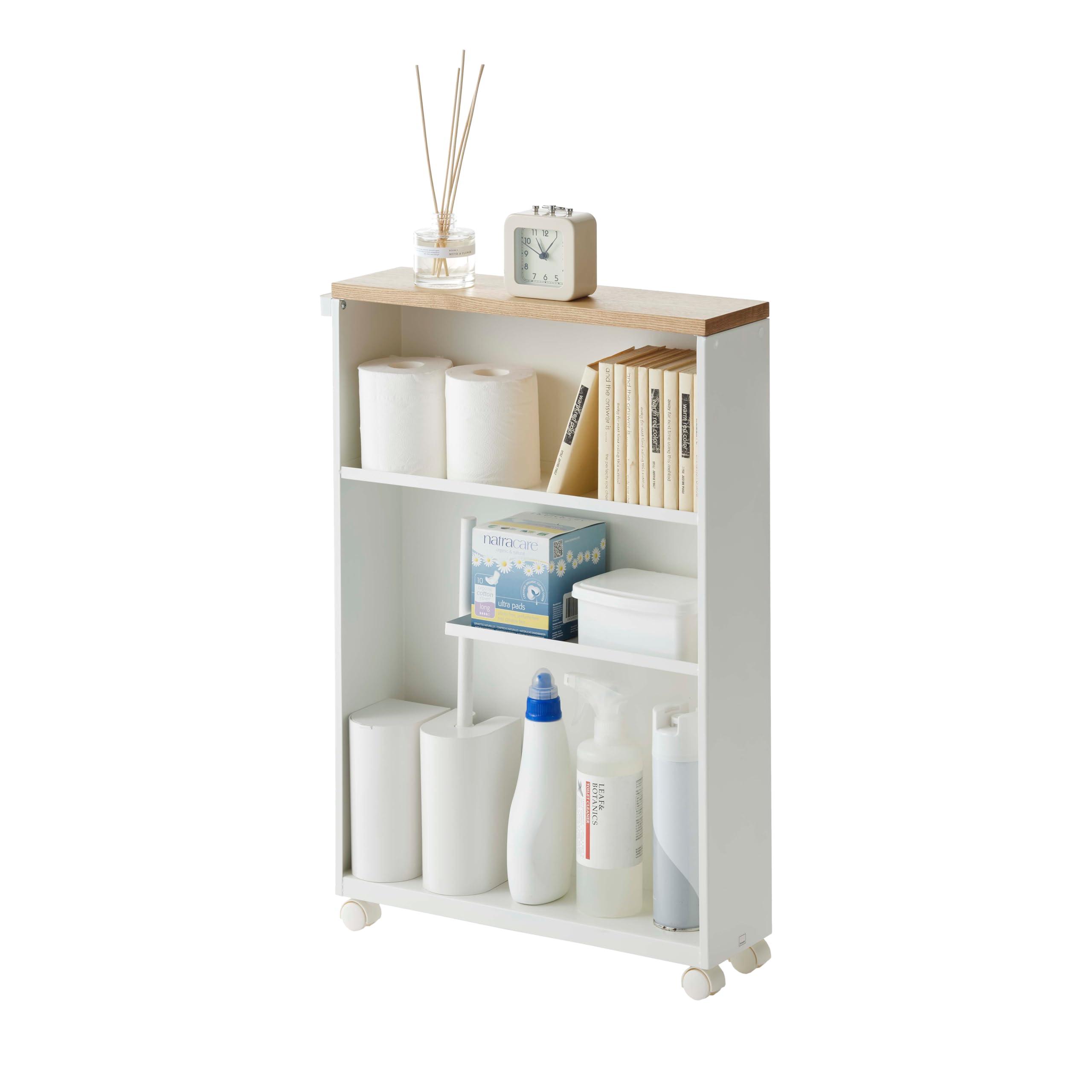 YAMAZAKI Yamazaki Home Rolling Slim Bathroom Utility Cart with Handle - Storage Shelf Narrow Organizer Rack Steel One Size White