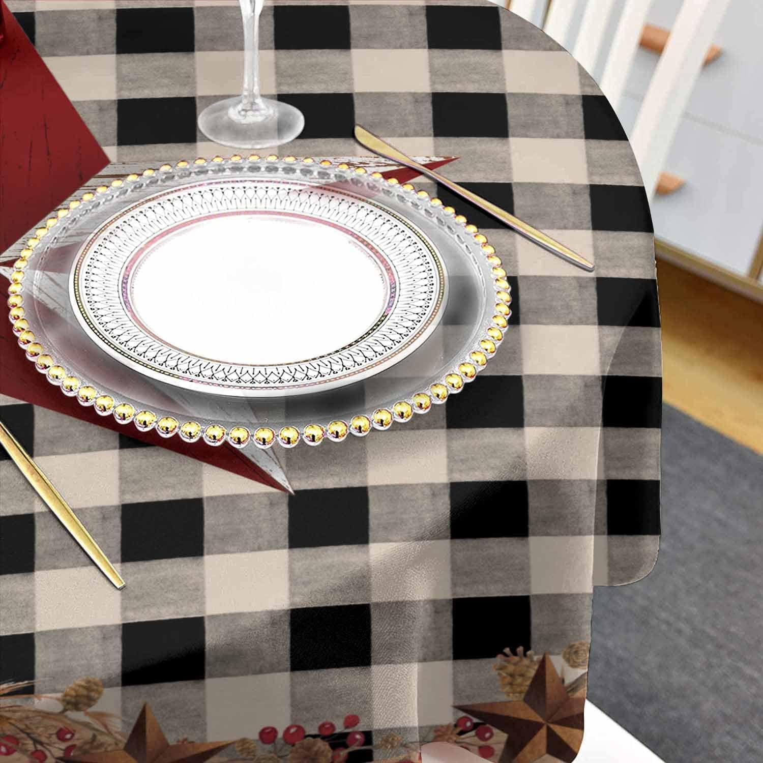 Falaniique Country Star Brown Round Tablecloth Waterproof 54 In,Small Kitchen Party Side Table Outdoor Patio Table Cloth Spill-Proof Wipeable Cover for Christmas Wedding,Retro Farmhouse Buffalo Plaid Black