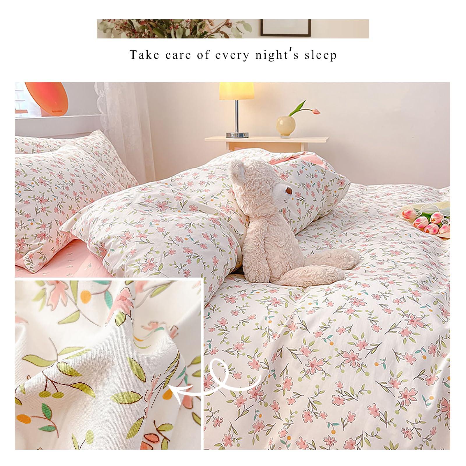 EAVD EAVD Vintage Style Garden Pink Floral Duvet Cover Queen White Soft 100% Cotton Small Cute Floral Bedding Set with 2 Pillowcases Chic Shabby Floral Botanical Duvet Cover with Zipper Closure