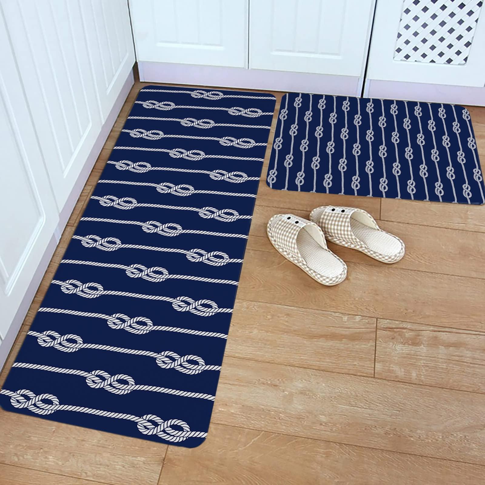 BOBOWUNY Nautical Knot Kitchen Mats and Rugs Set of 2, Ocean Beach Sailboat Navy Blue Washable Absorbent Kitchen Runner Rug Carpet Anti-Fatigue Comfort Mat for Bathroom Laundry 20x32+20x63